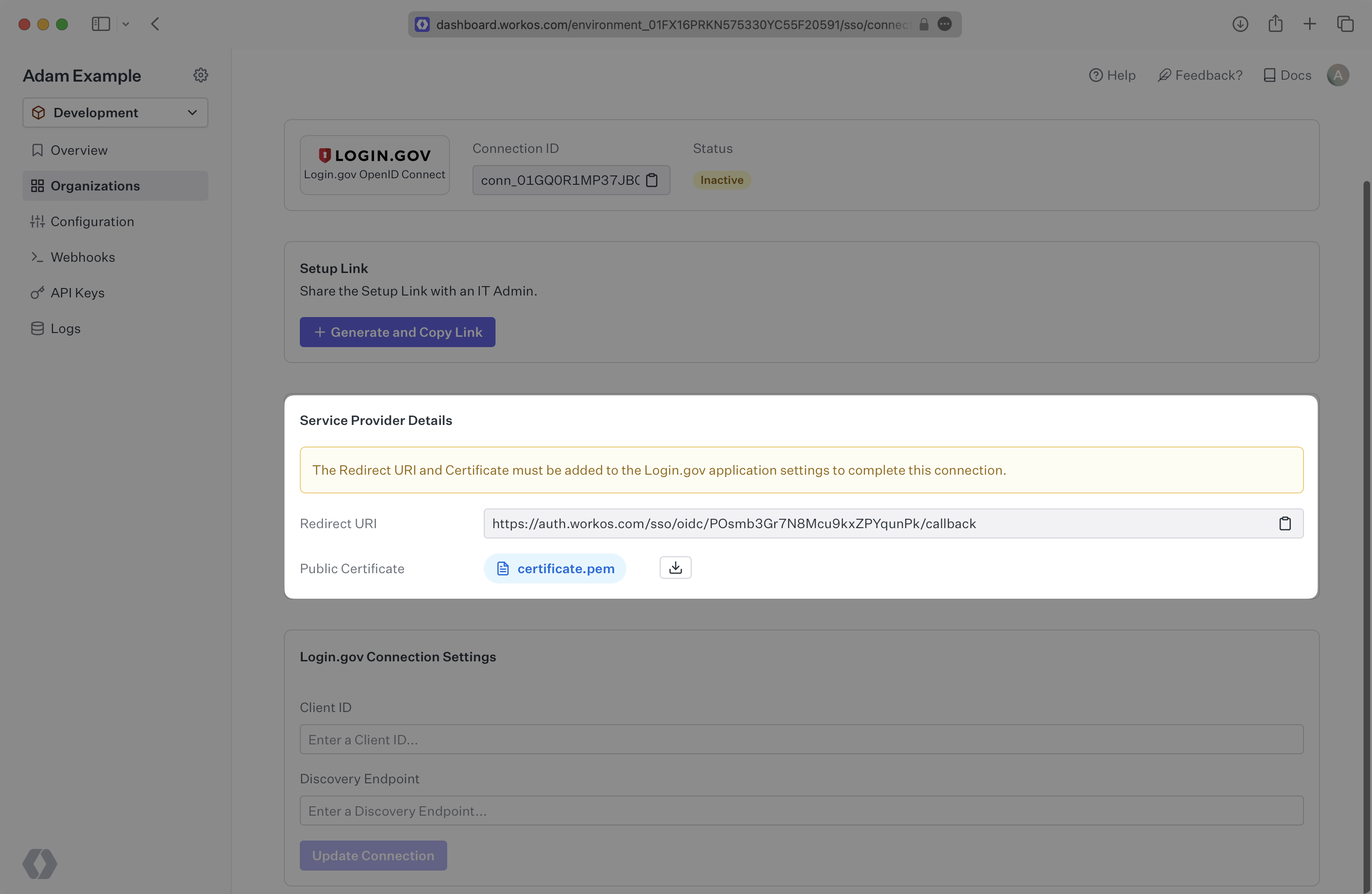 A screenshot showing where to find the Redirect URI and Public Certificate in the WorkOS Dashboard.