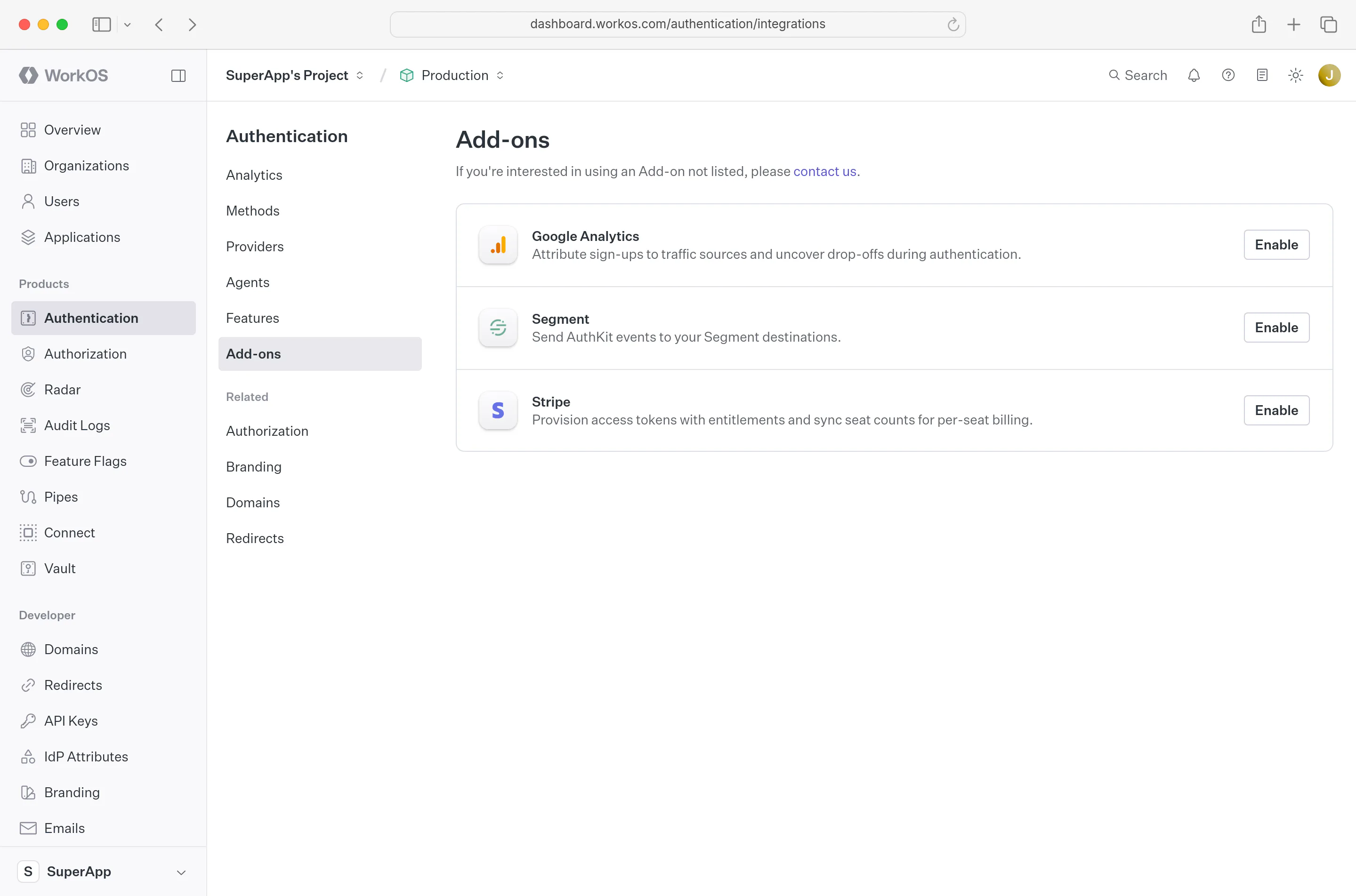 Add-ons page in the Authentication section of the WorkOS Dashboard