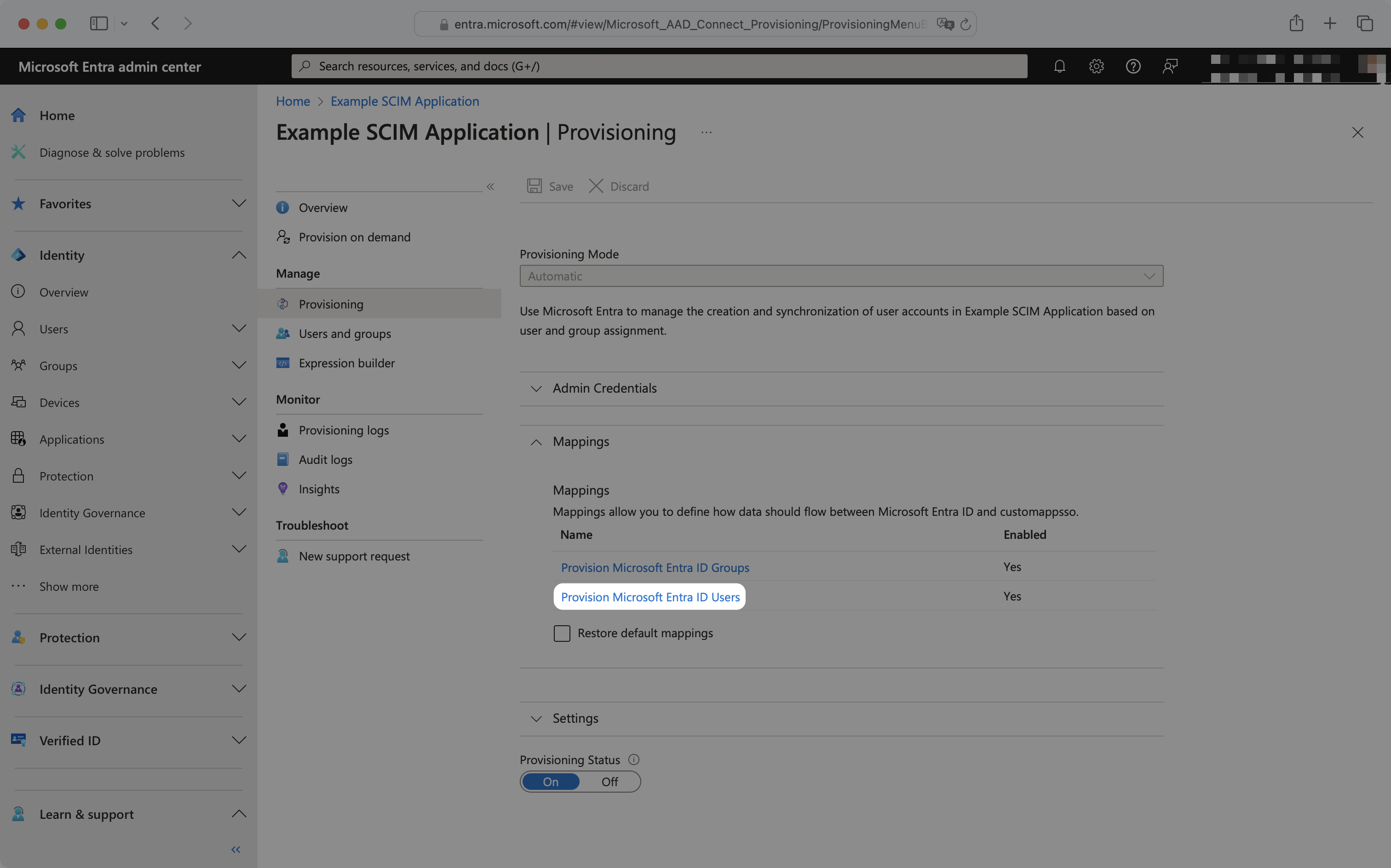 Microsoft Entra enterprise application provisioning tab