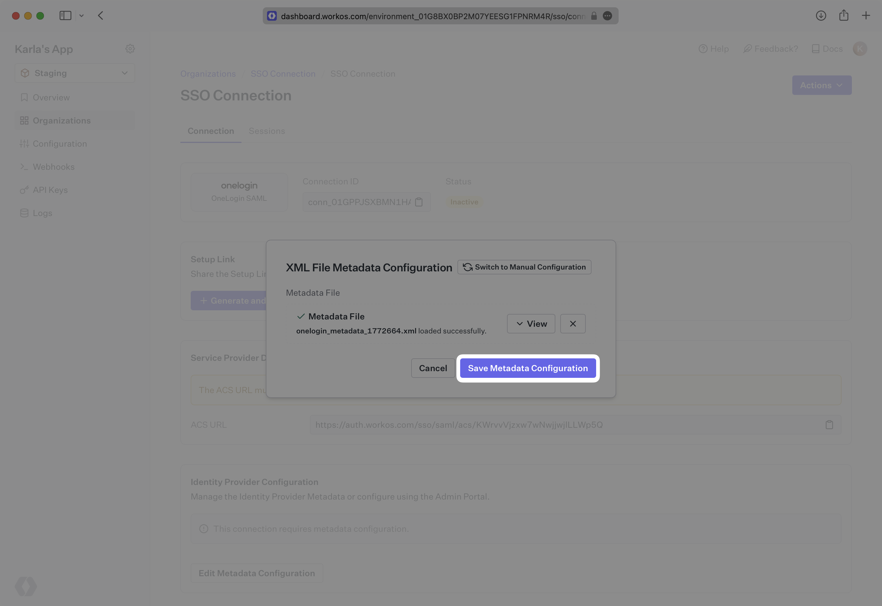 A screenshot showing the pop-up after clicking the “Edit Metadata Configuration” button in the WorkOS Dashboard.