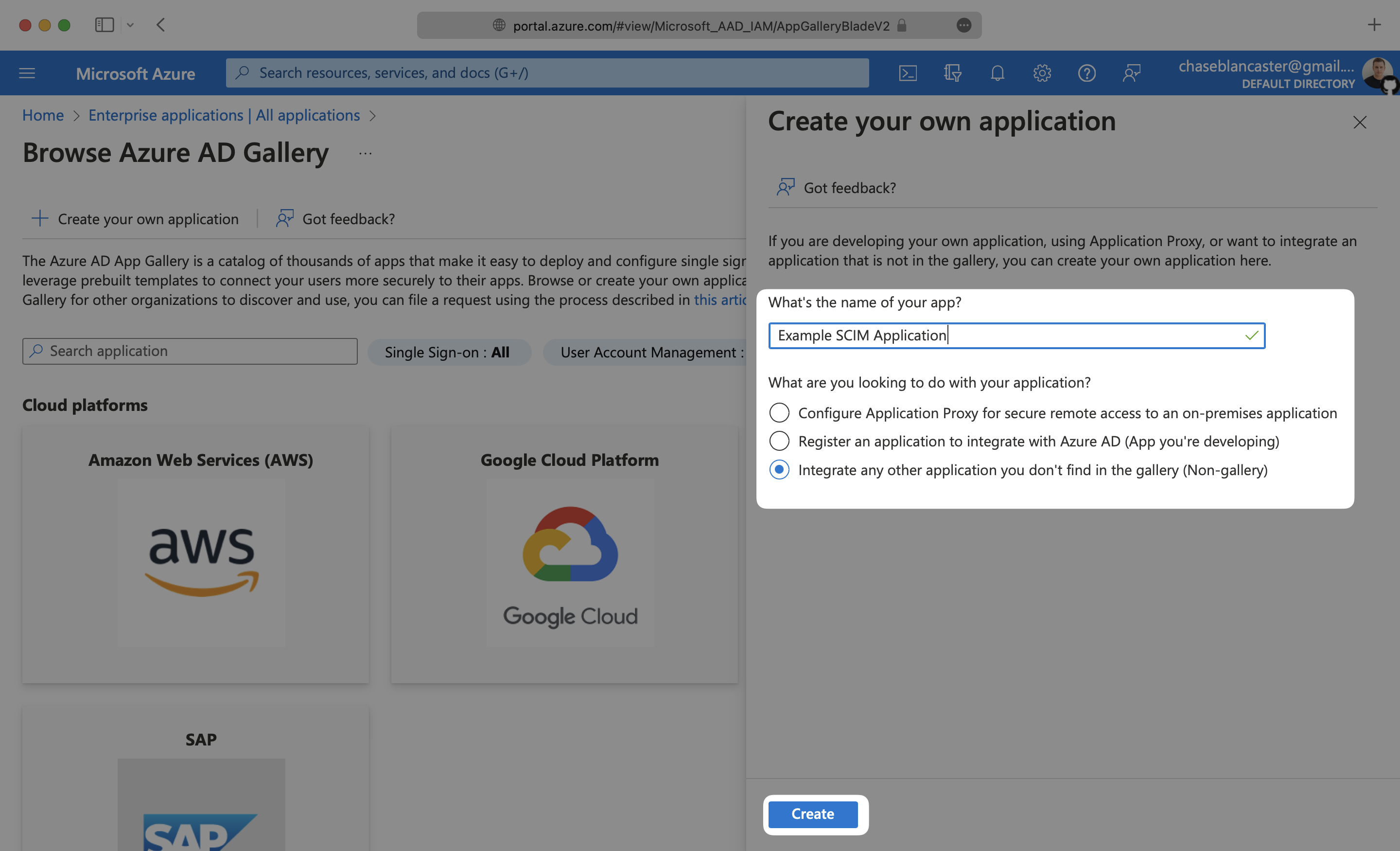 A screenshot showing where to configure the name of a new application in Azure.