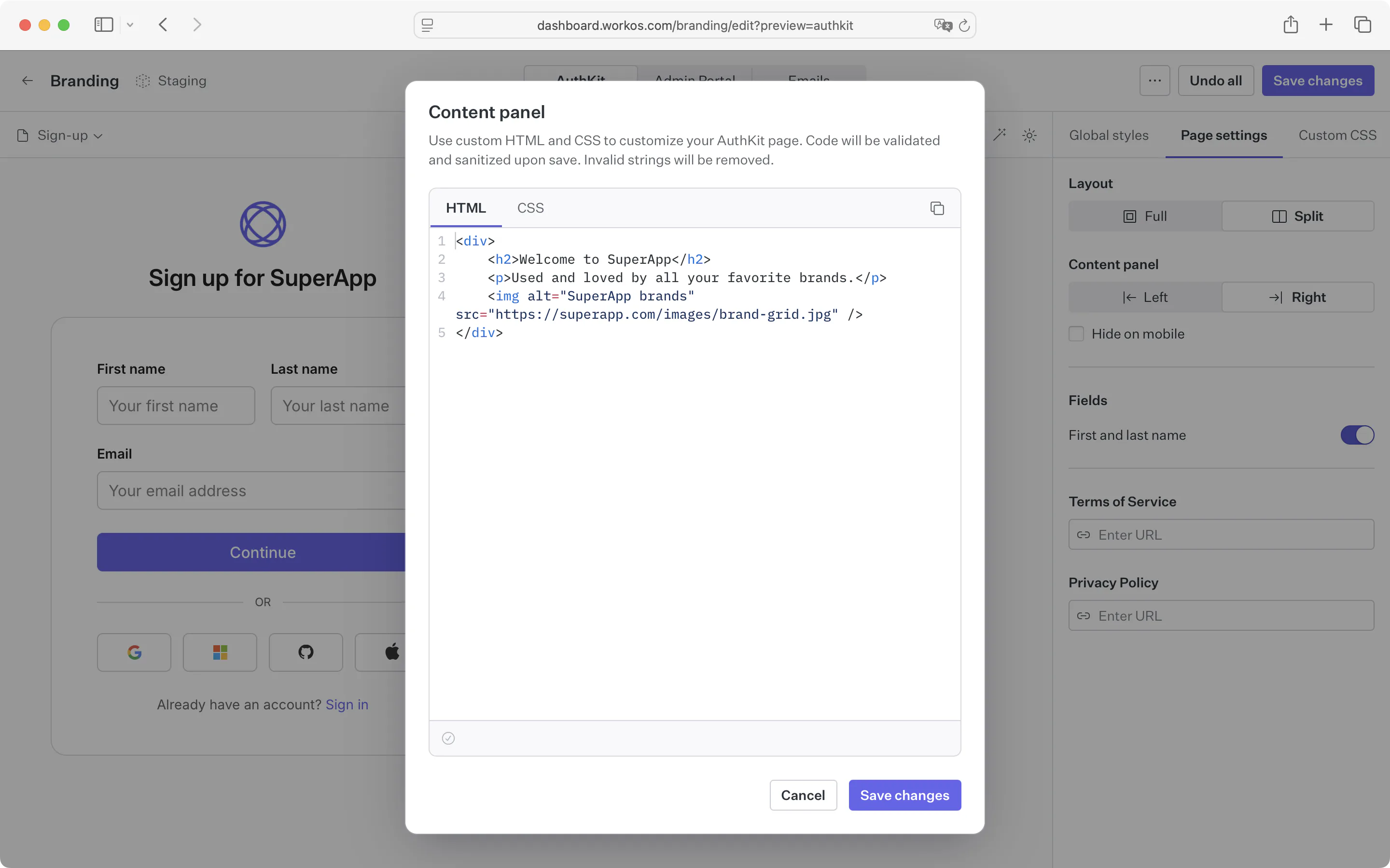 Content panel editor dialog in the brand editor