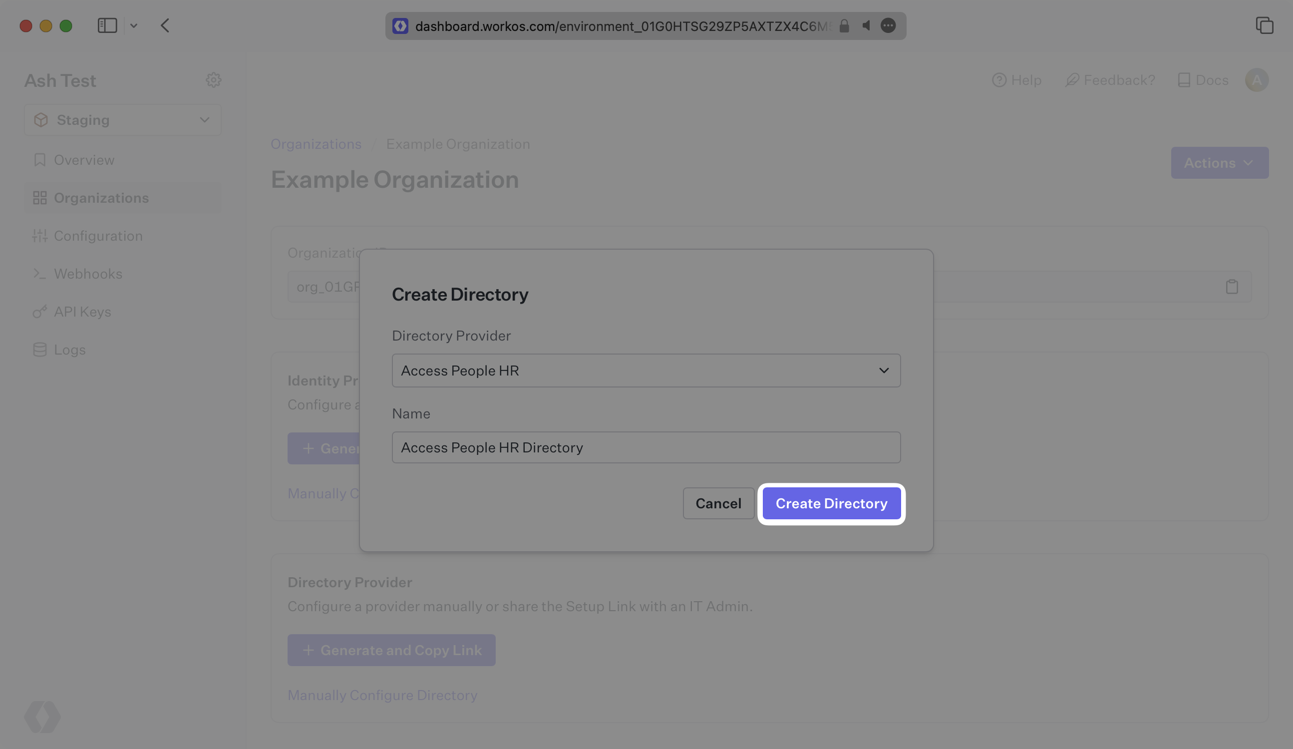 A screenshot showing Create Directory details in the WorkOS Dashboard.