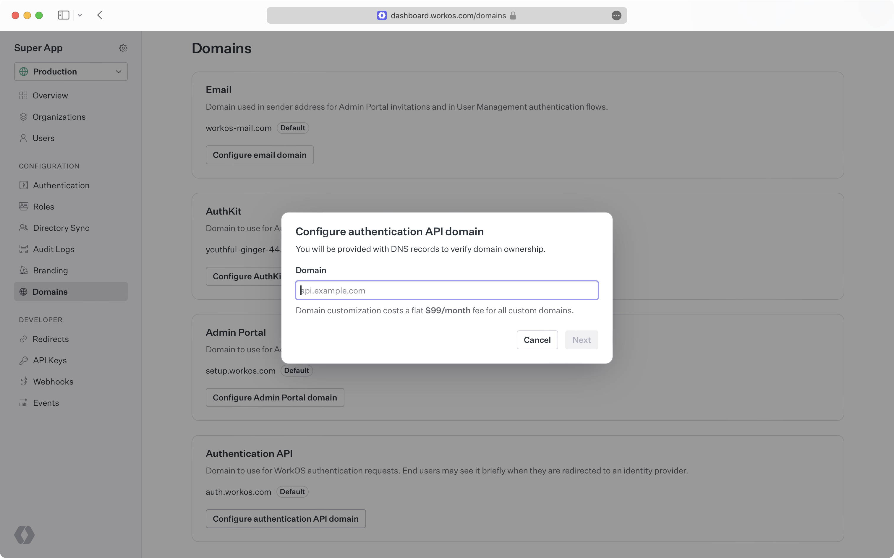 Dashboard displaying a domain entry input