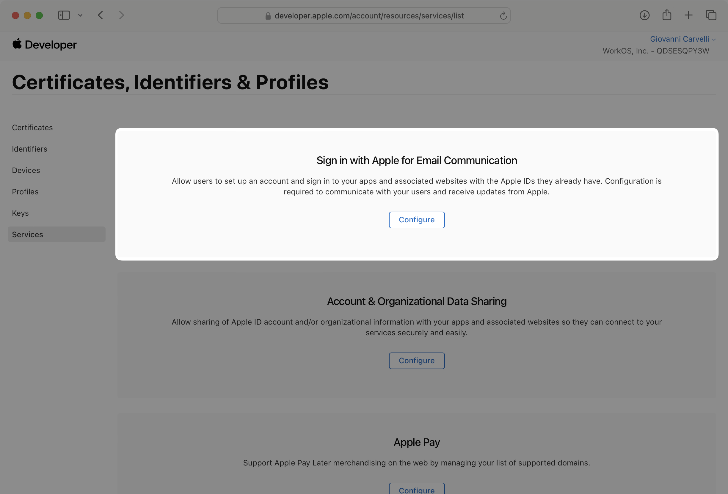 Services page in the Apple Developer dashboard with Sign in with Apple Configure button highlighted.