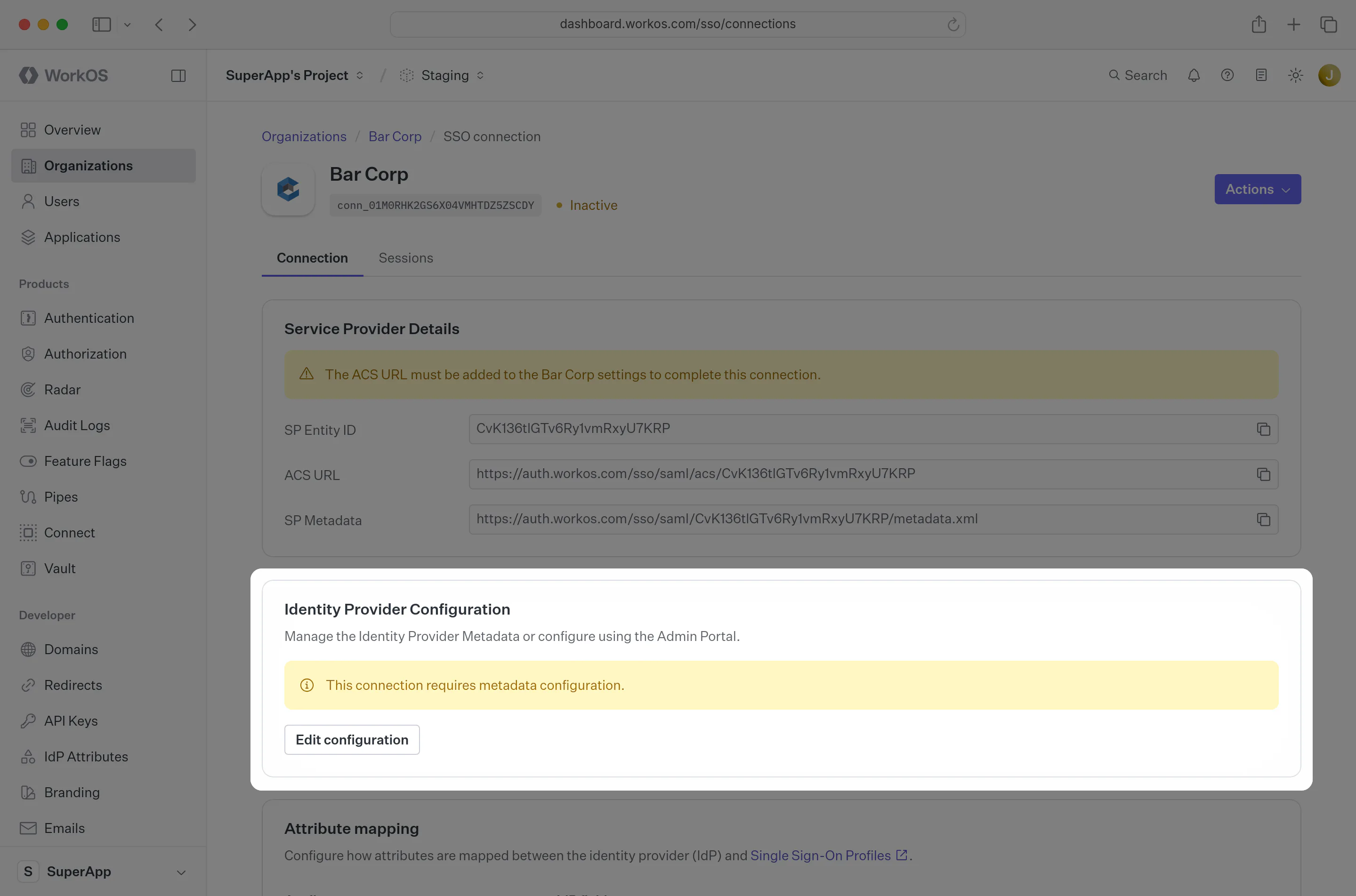 A screenshot showing where to select “Edit Metadata Configuration” in the “Identity Provider Configuration” in the WorkOS dashboard.