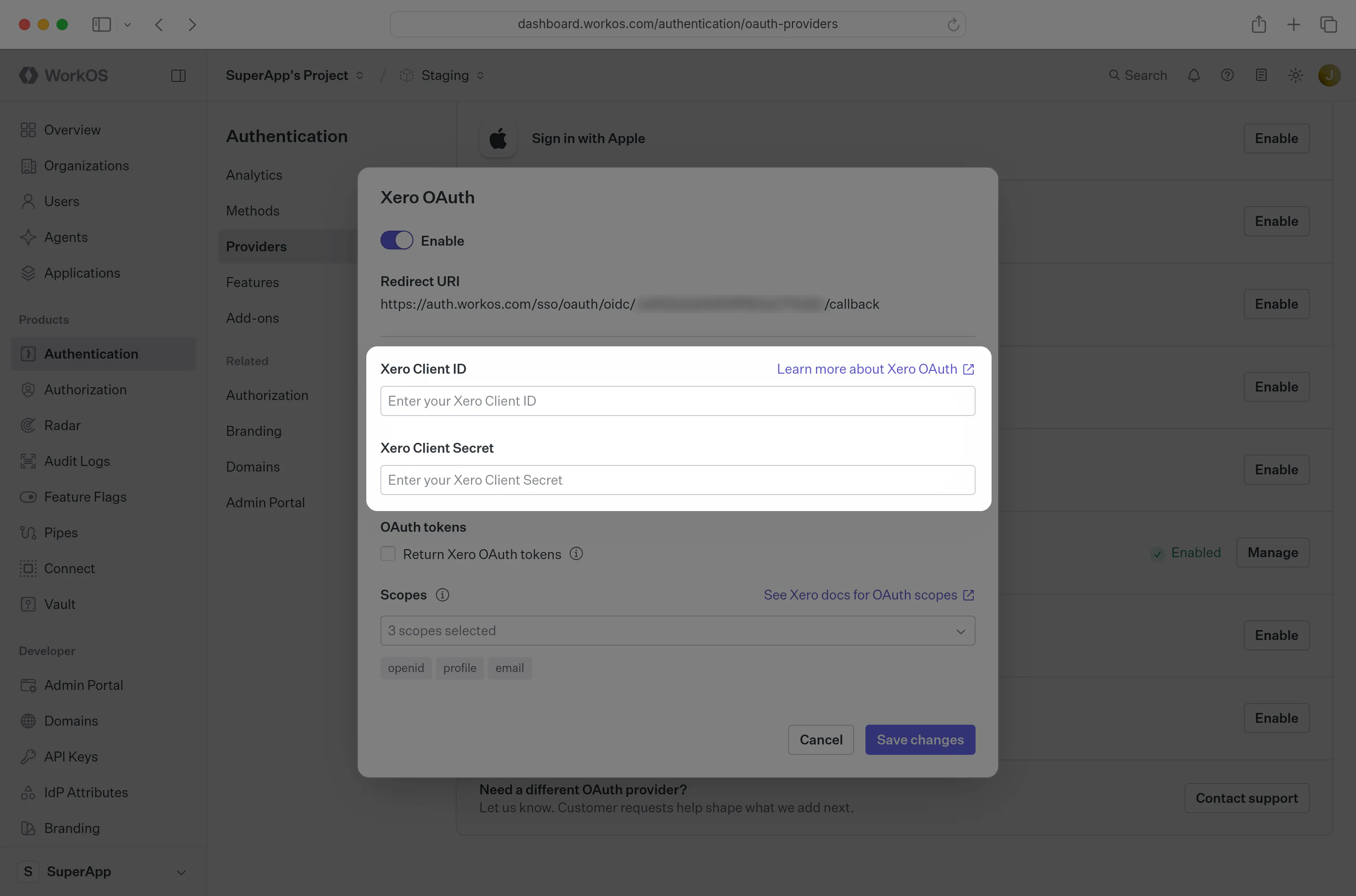 OAuth client credentials in the WorkOS Xero setup modal filled with client id and client secret.