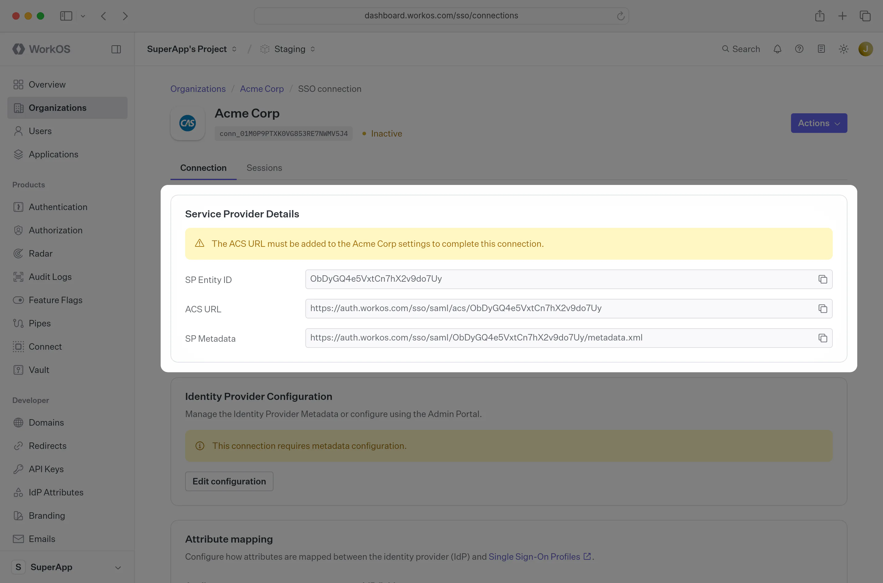 A screenshot highlighting the “Service Provider Details” of a CAS SAML connection in the WorkOS Dashboard.
