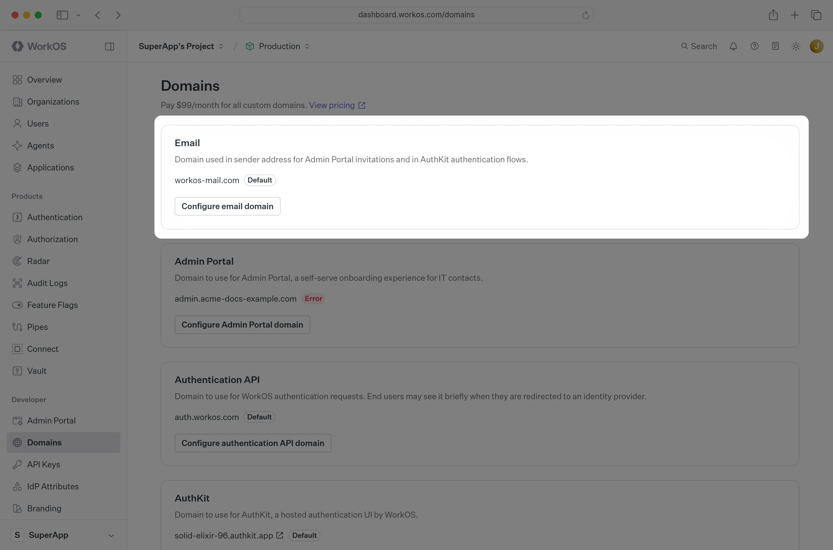 Dashboard displaying domain configuration settings