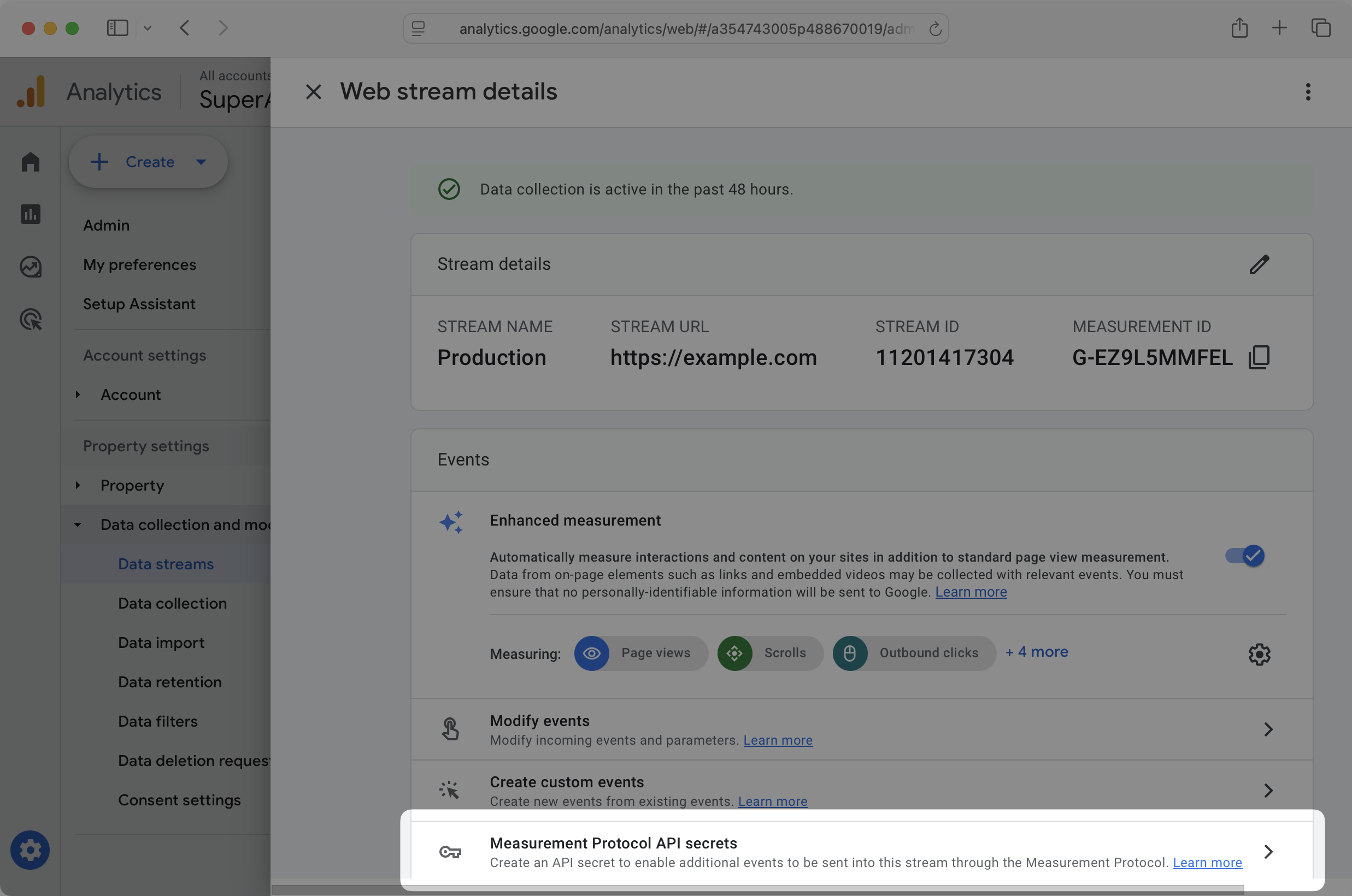 Measurement Protocol API Secrets section on the Google Analytics website