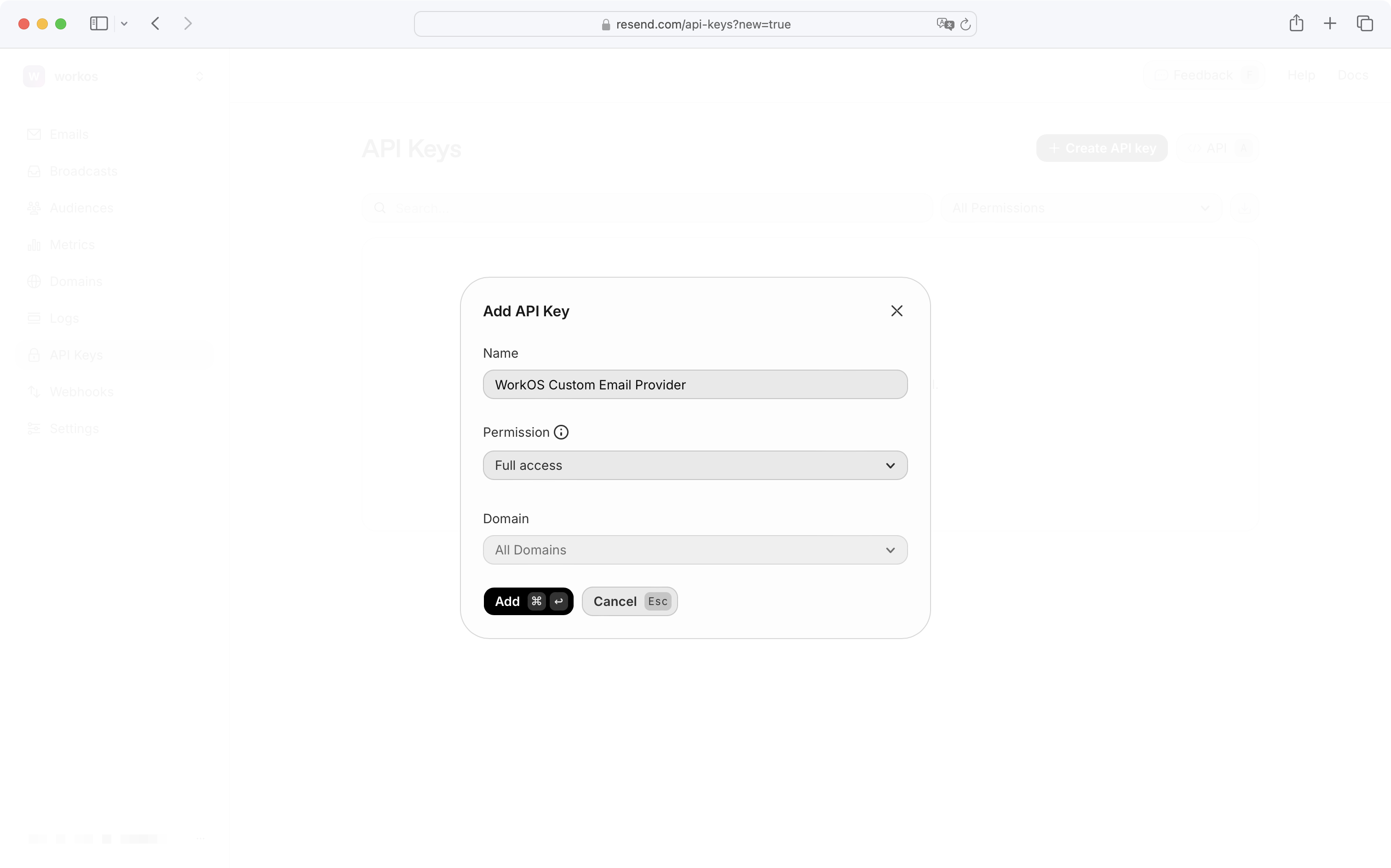 A screenshot showing creating an API key in the Resend dashboard
