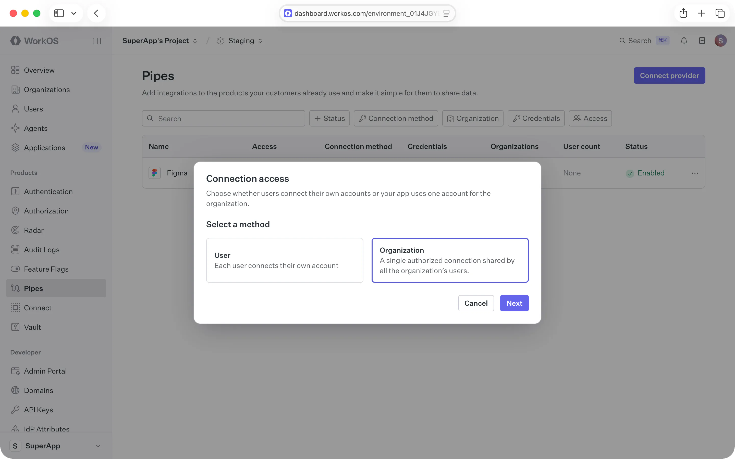 The Connection access step of the Dashboard add provider dialog, with User and Organization options