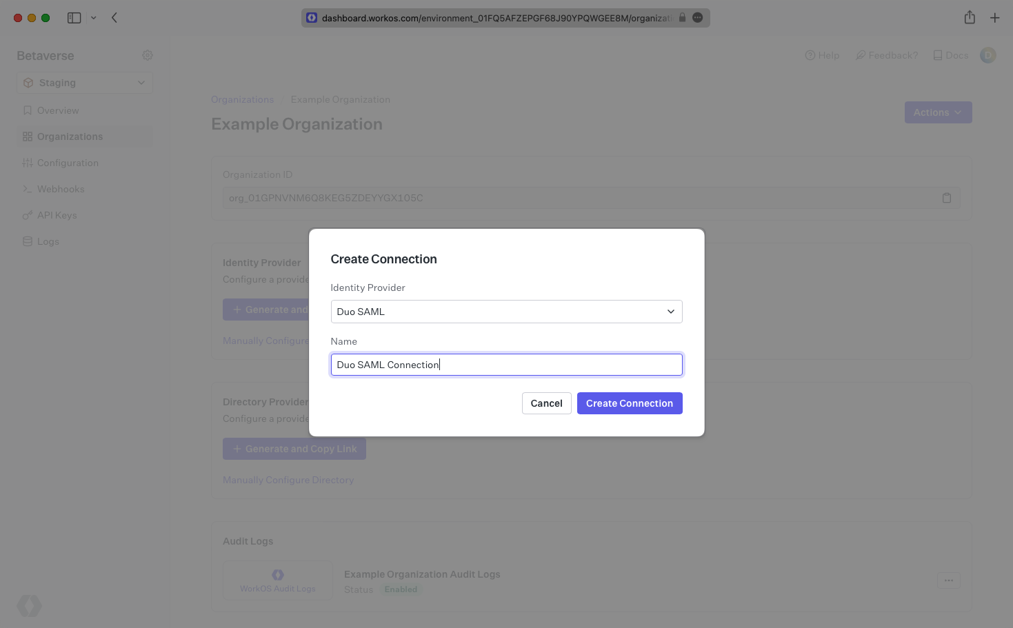 A screenshot showing how to create a Duo SAML connection in the WorkOS dashboard.