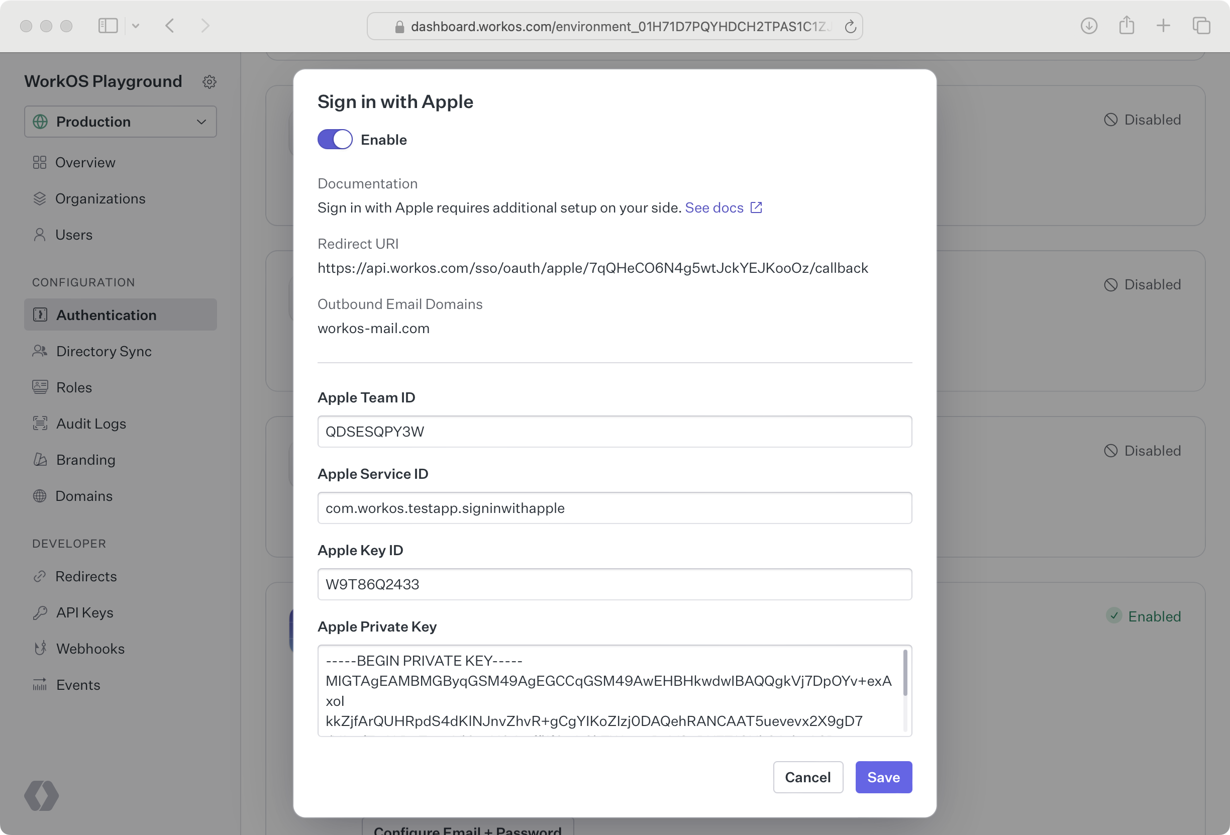 A screenshot showing the Sign in with Apple configuration modal in the WorkOS dashboard. It has been filled out with information from earlier in this guide.