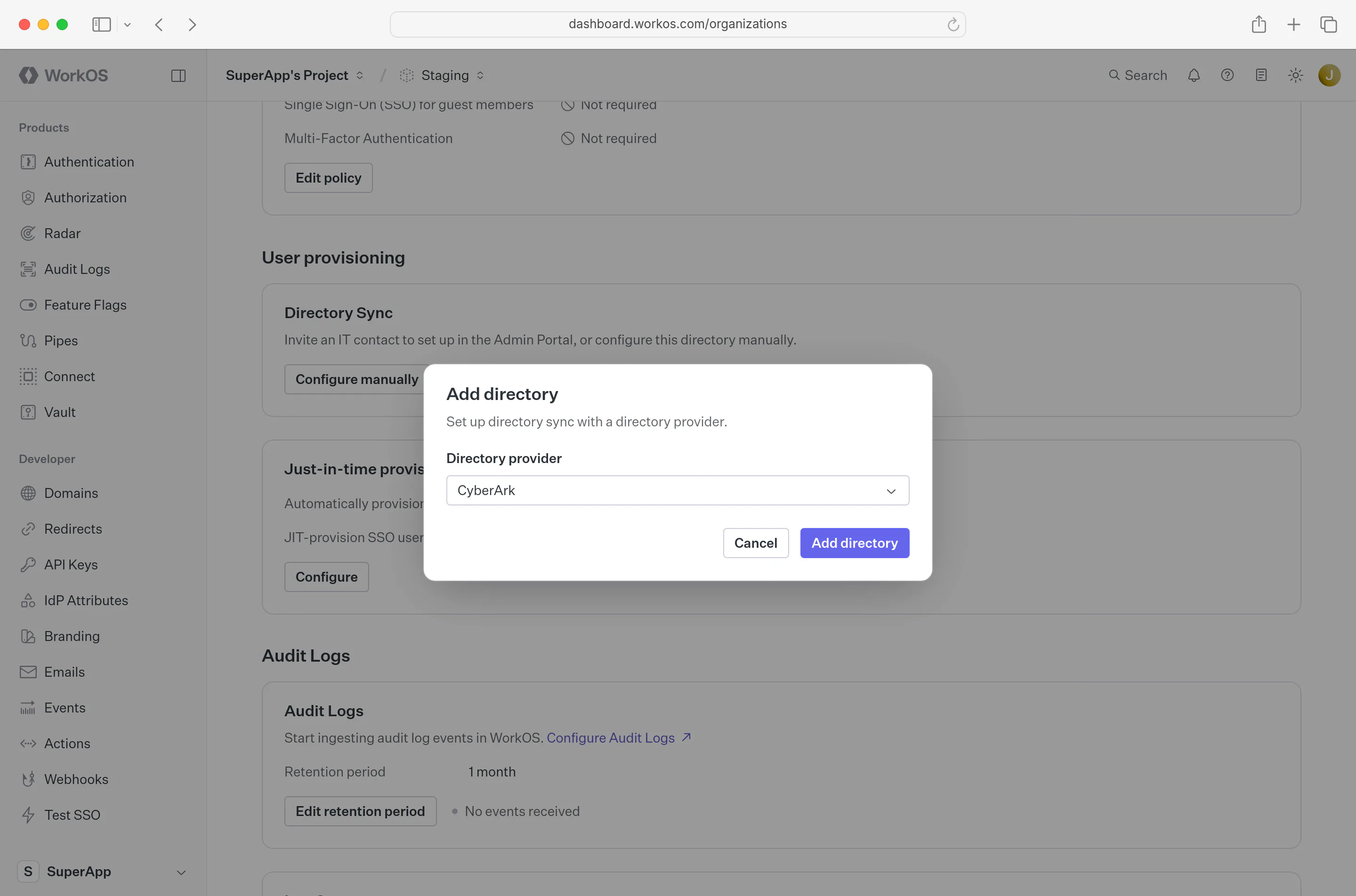 A screenshot showing the proper configuration of the “Create Directory” modal in the WorkOS dashboard.