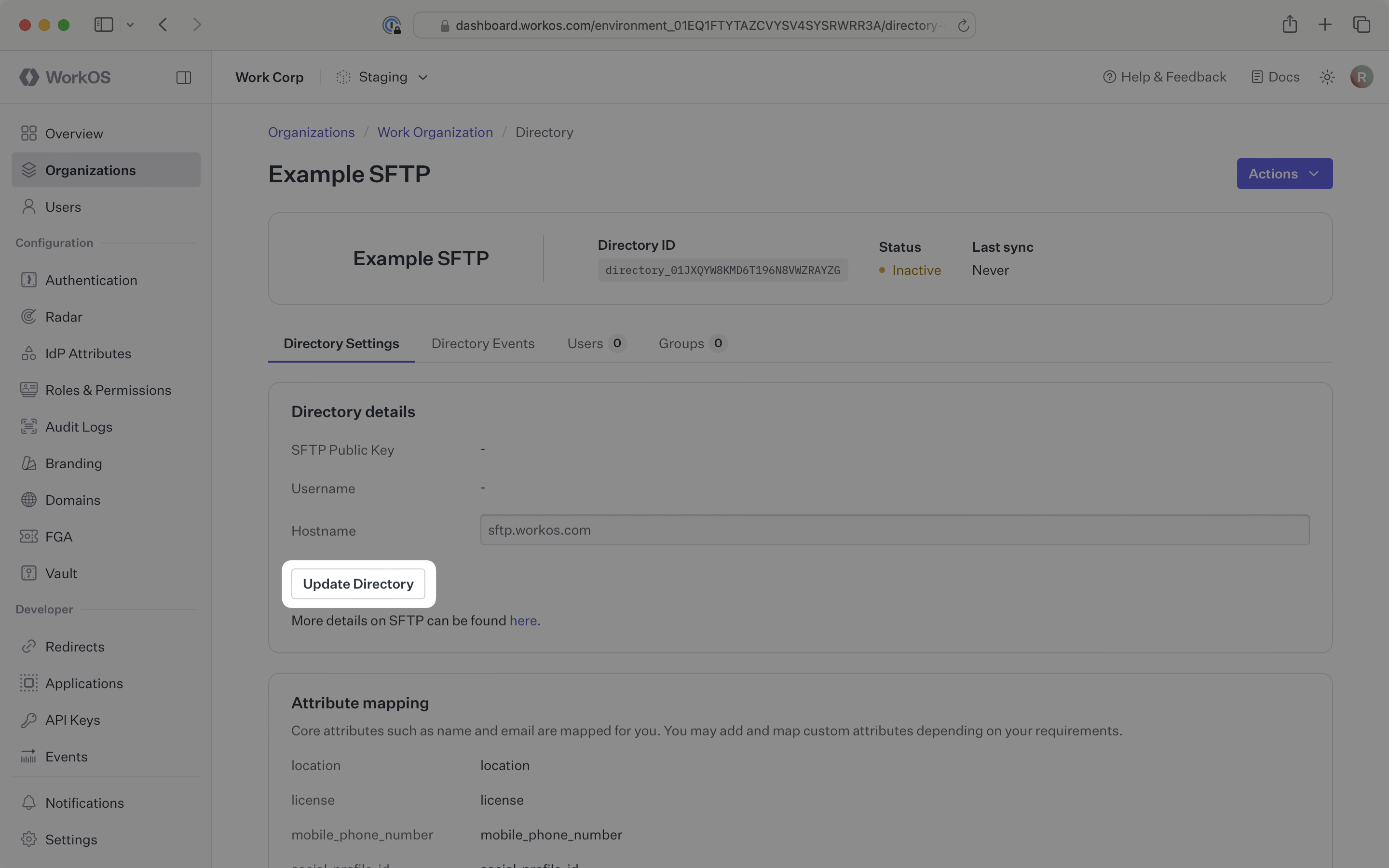 A screenshot showing where to find "Update directory" for an Organization in the WorkOS Dashboard.