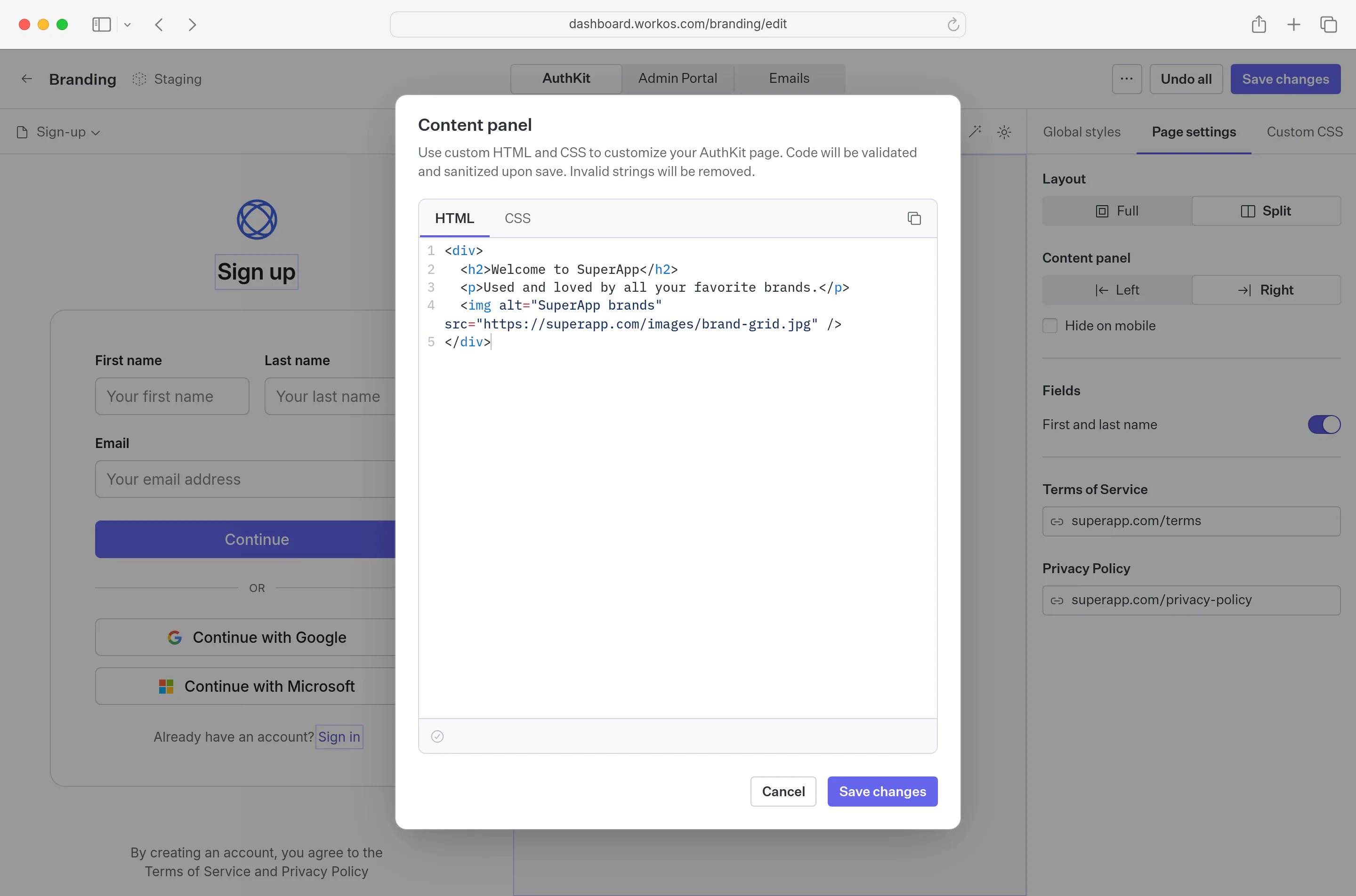 Content panel editor dialog in the brand editor