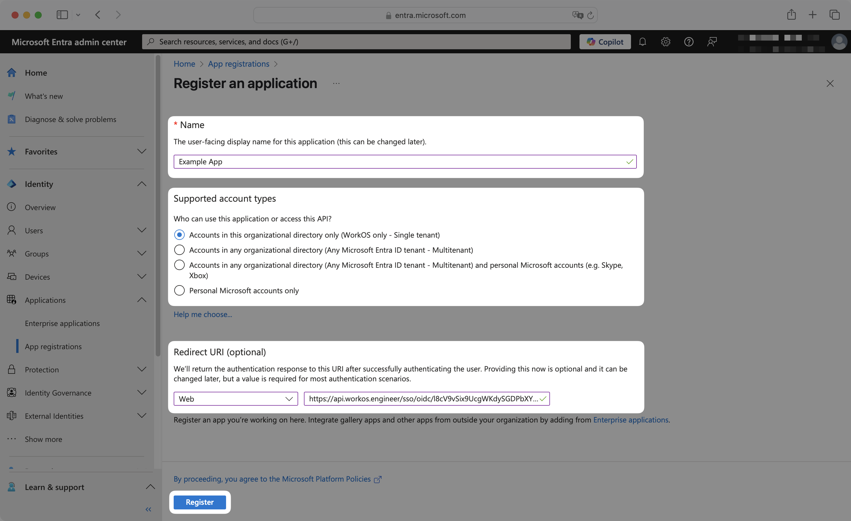 App registration form with name, supported account types, and redirect URI fields