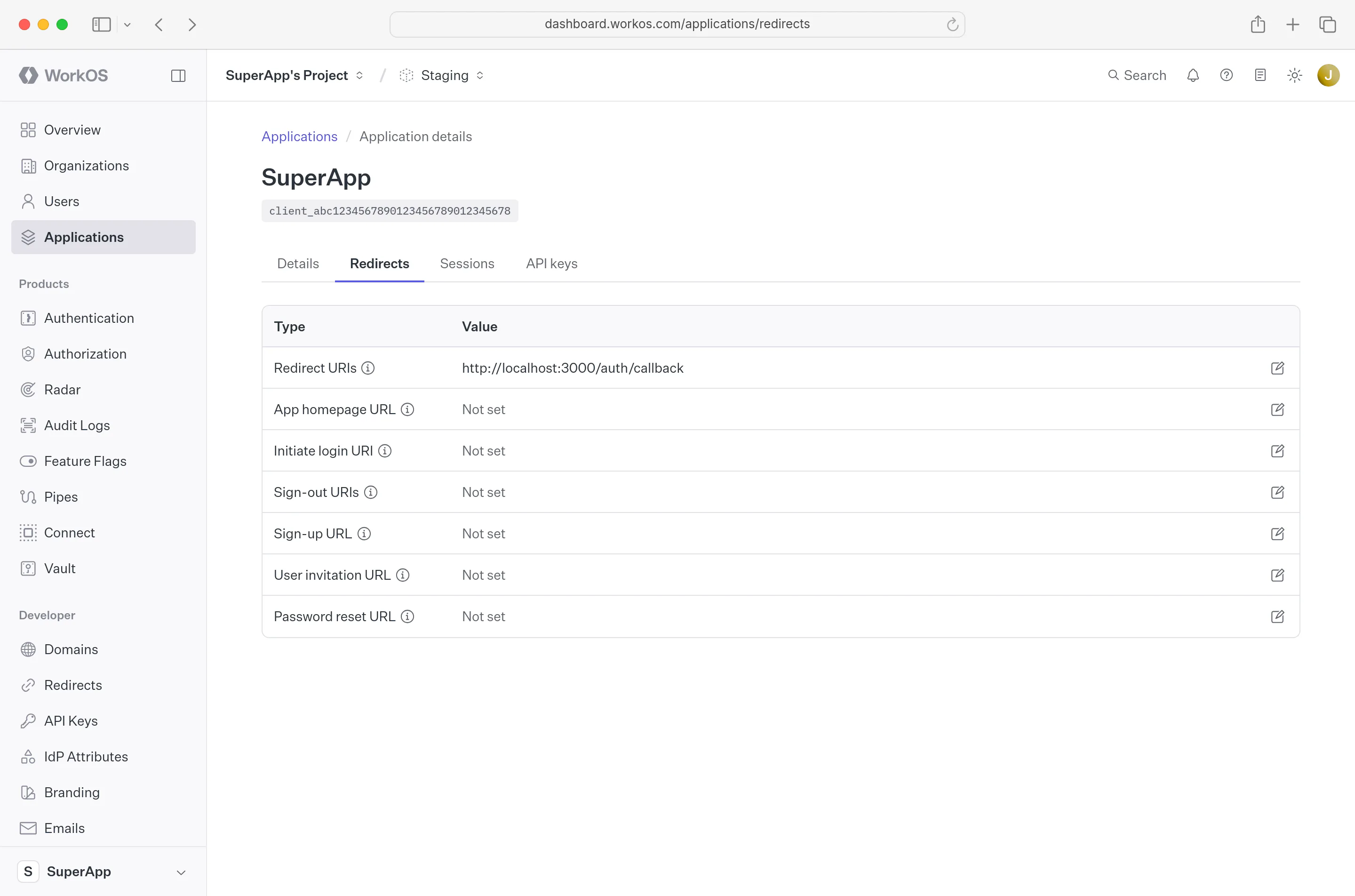 A screenshot showing where to enter the Redirect URI in WorkOS.