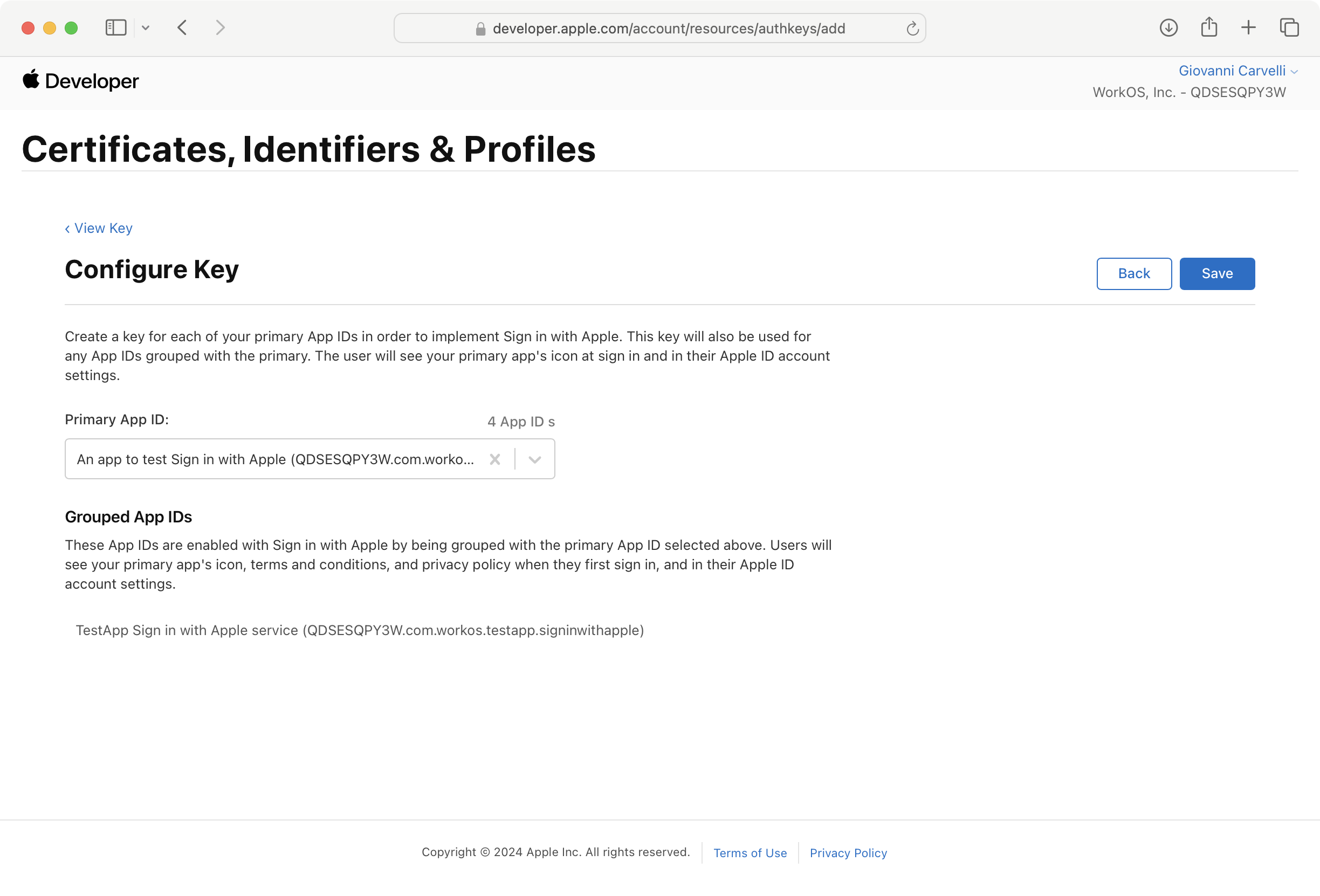 Key Configure dialog with App ID from the previous step selected.