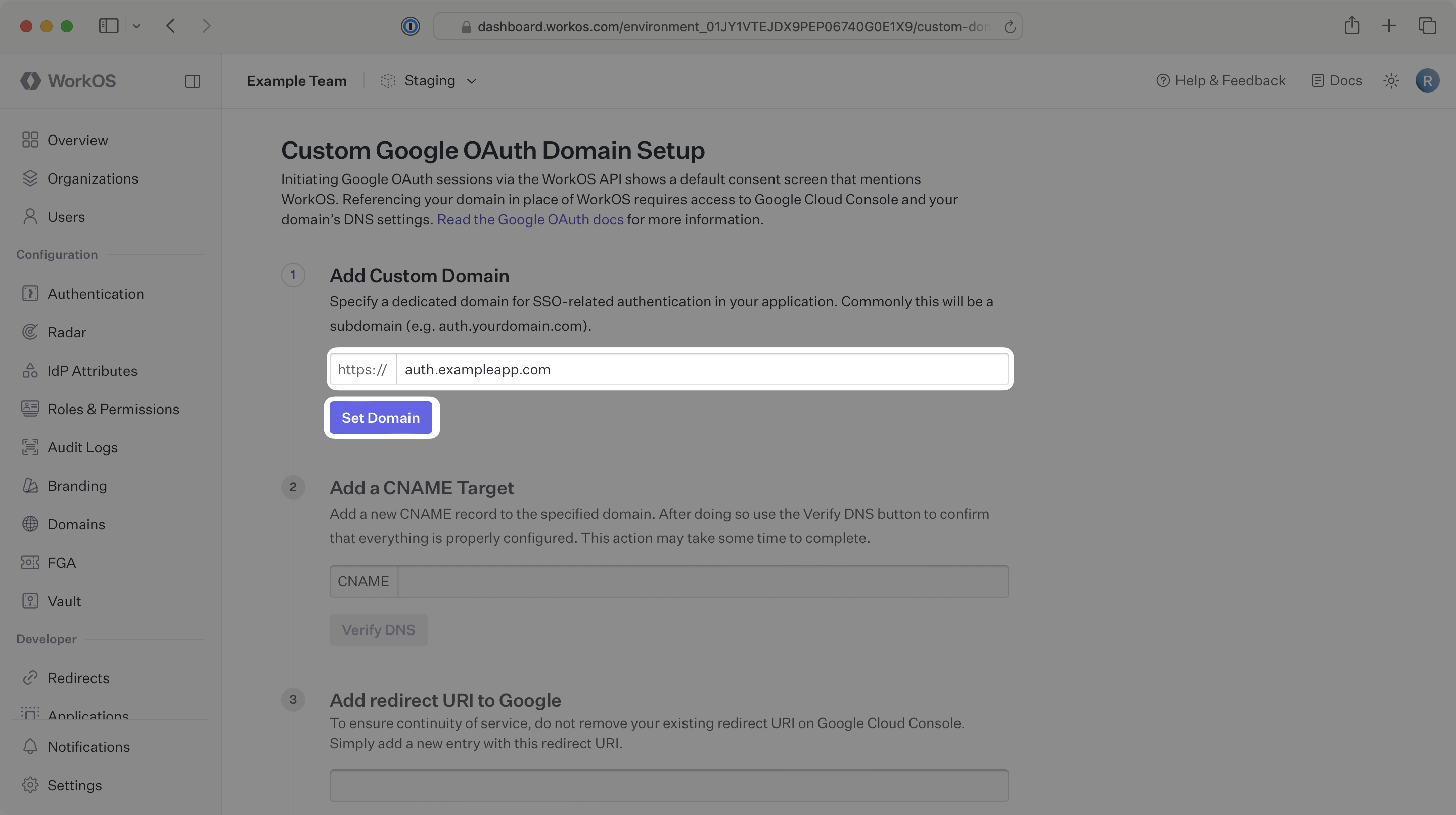 Where to add a custom domain in the WorkOS Dashboard.