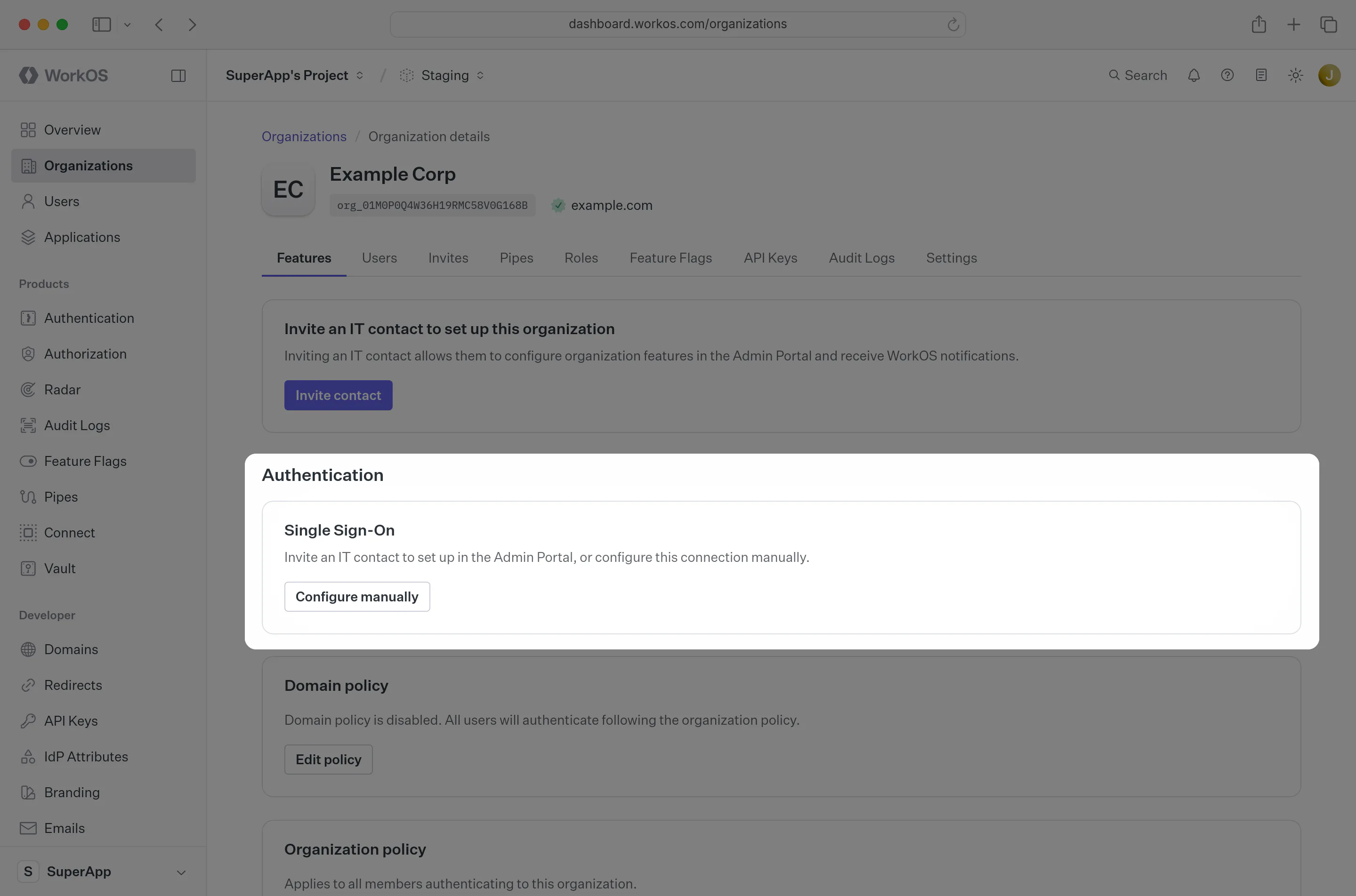 A screenshot showing where to find “Manually Configure Connection” for an Organization in the WorkOS Dashboard.