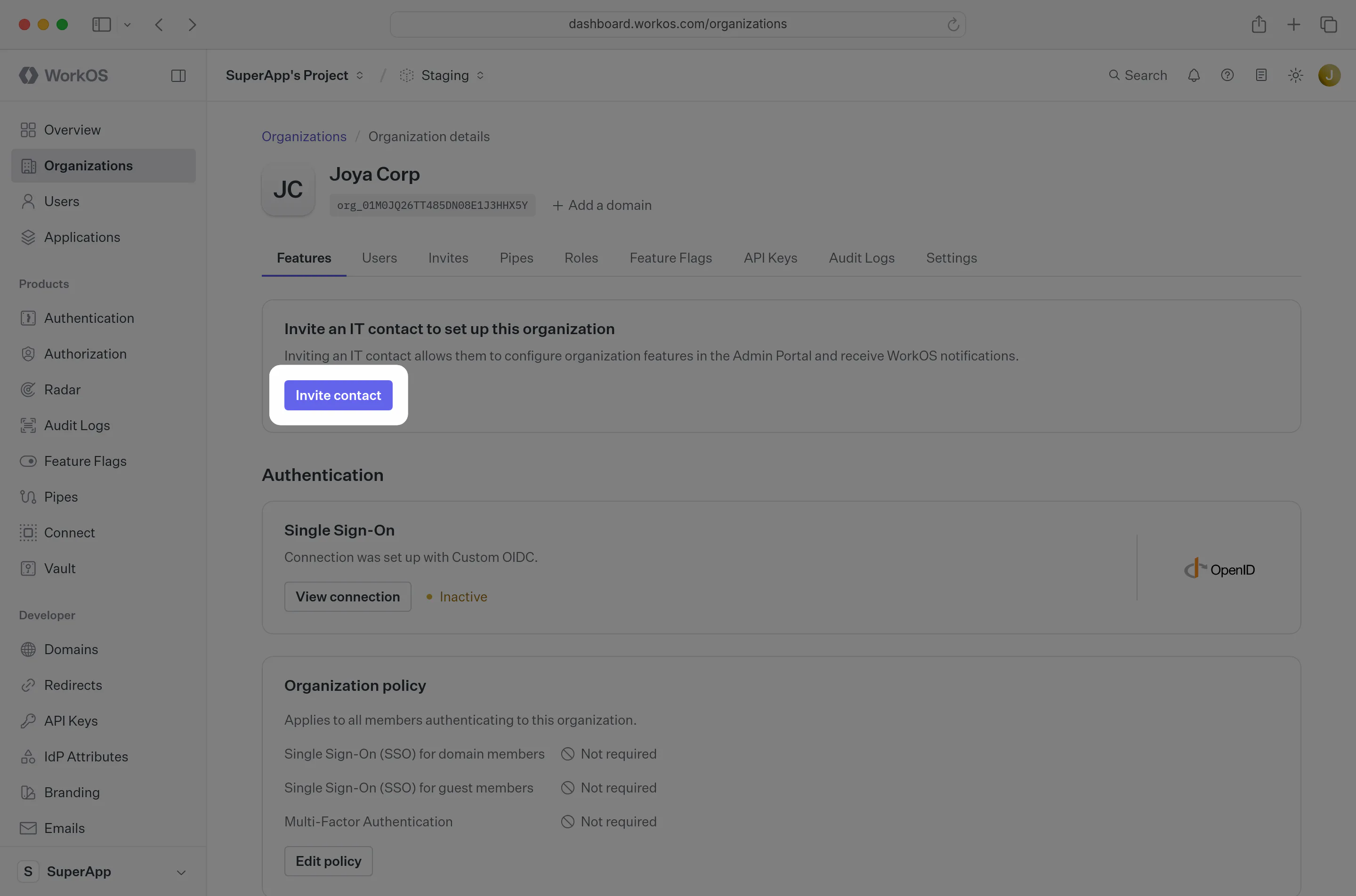 A screenshot showing where the “Generate” button is located in the WorkOS Dashboard.