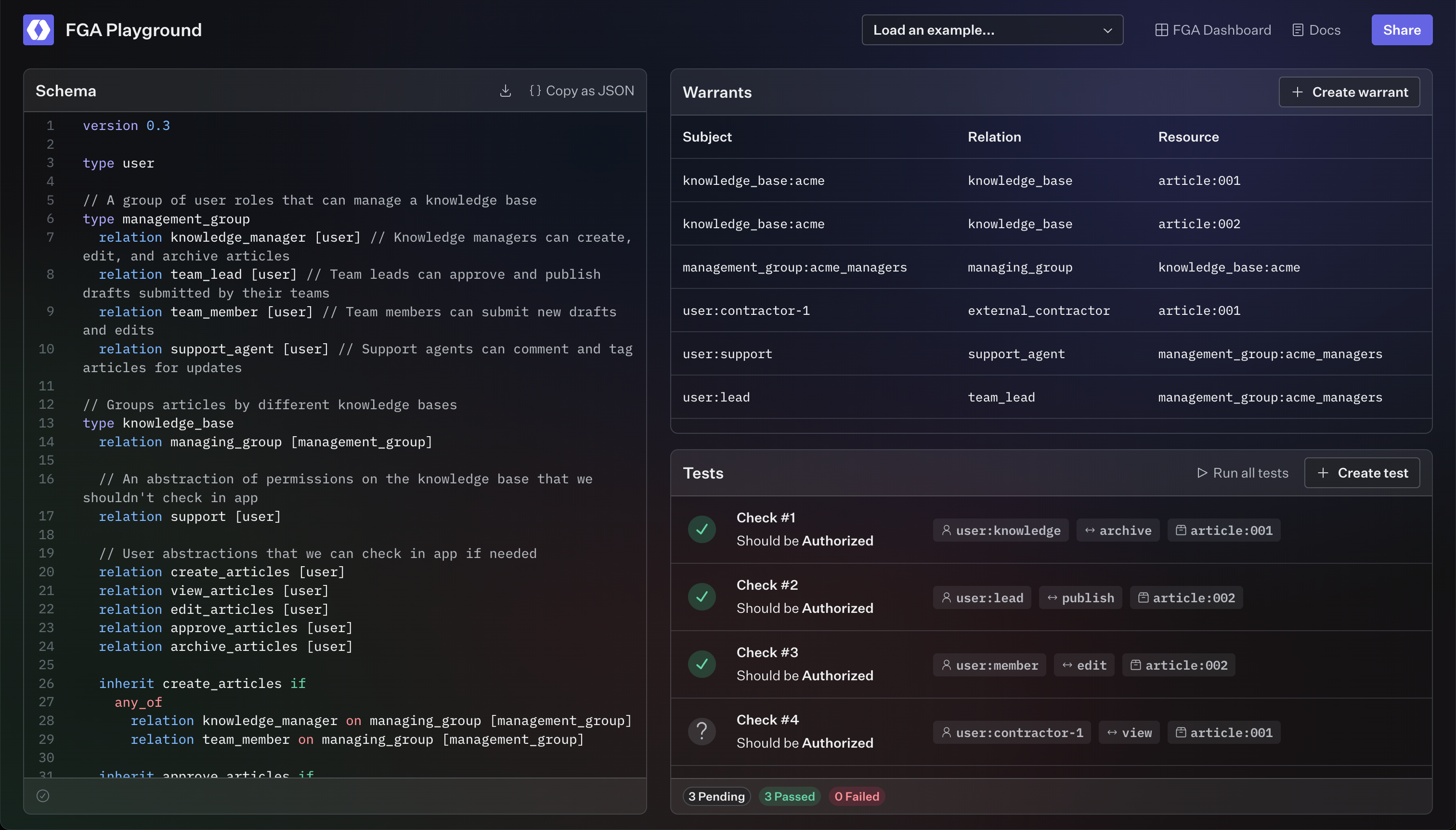 A screenshot of the FGA Playground