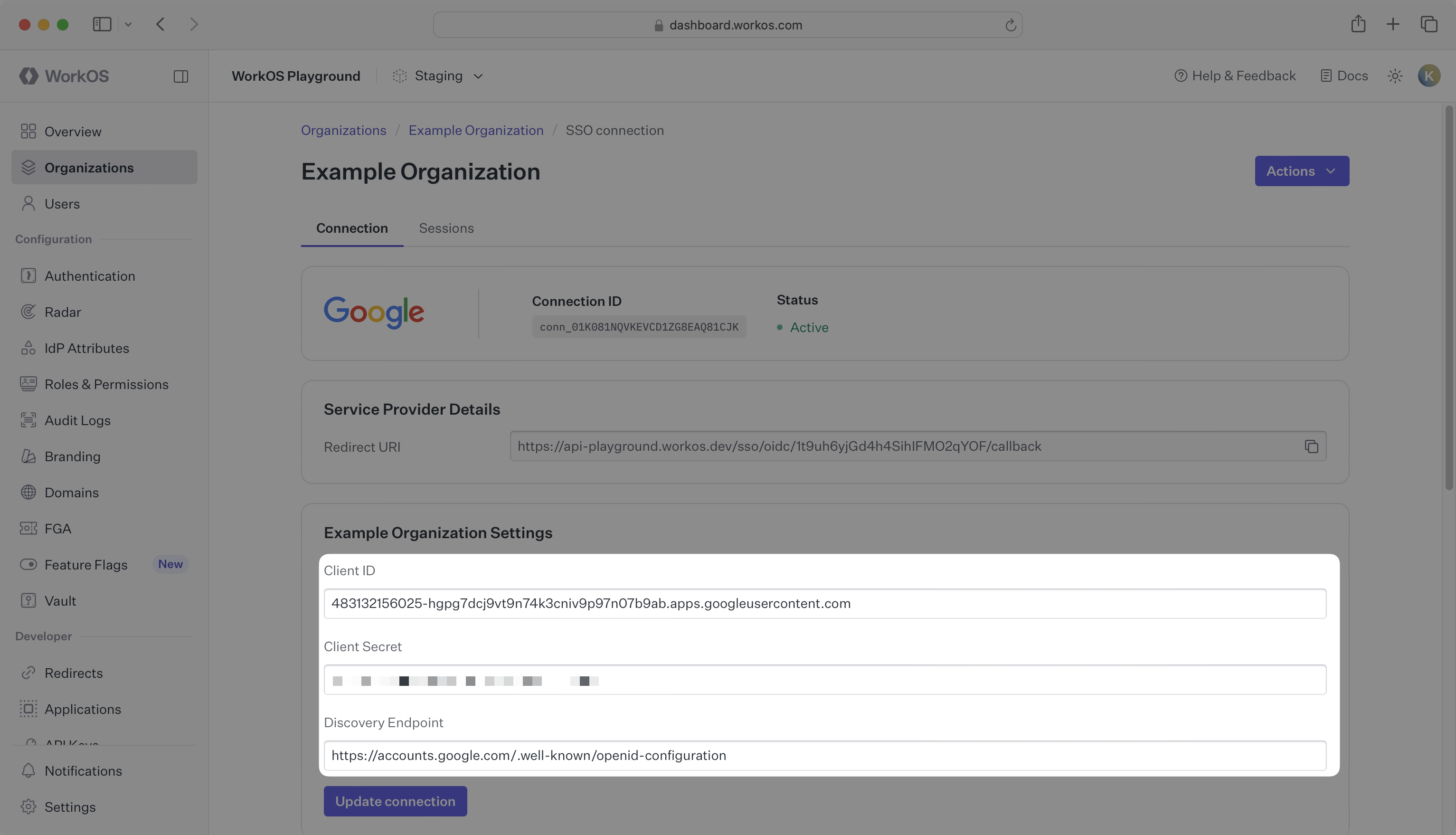 WorkOS Dashboard Identity Provider Configuration with Client ID, Client Secret, and Discovery Endpoint fields