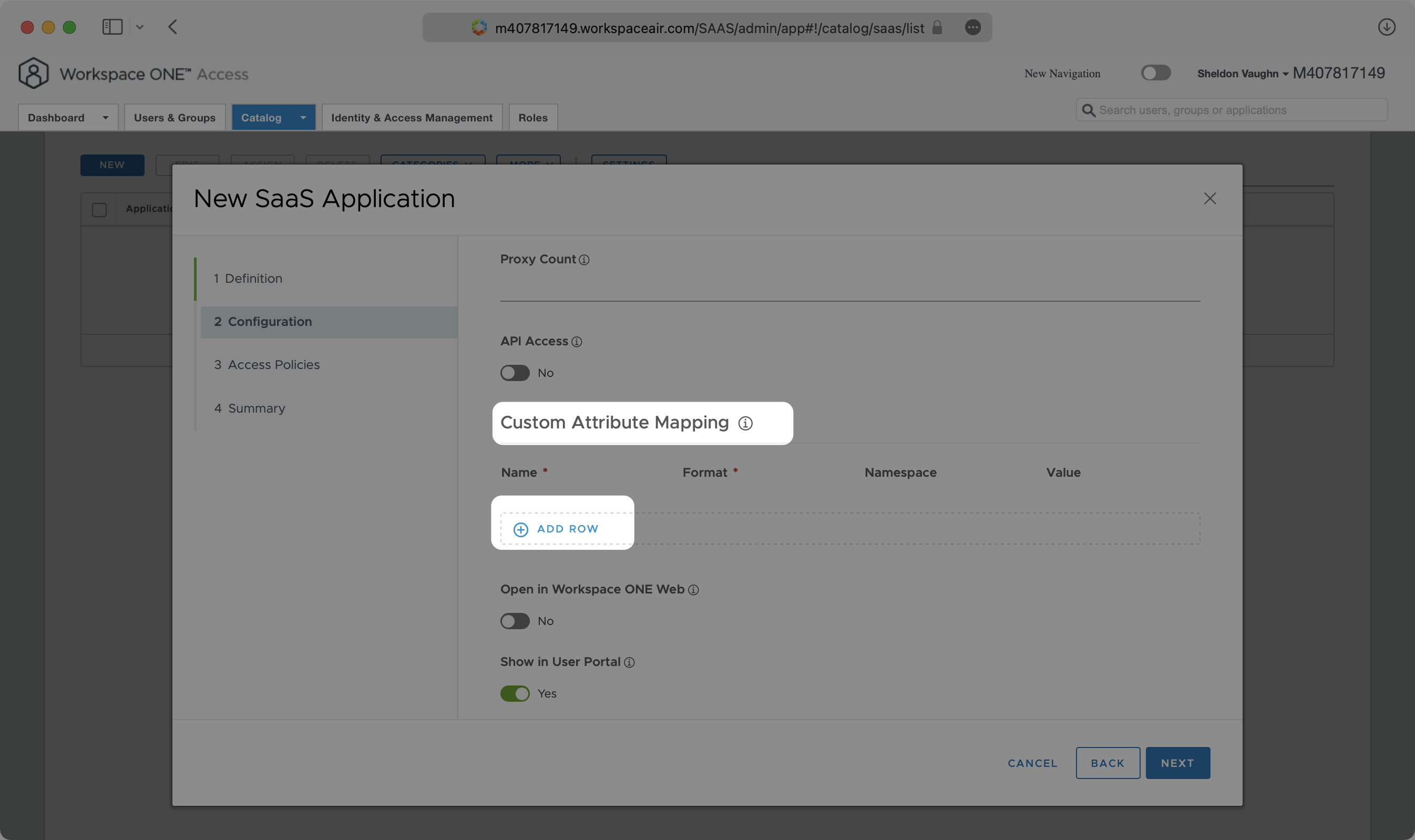 A screenshot showing where to find "Custom Attribute Mapping" in VMware application.