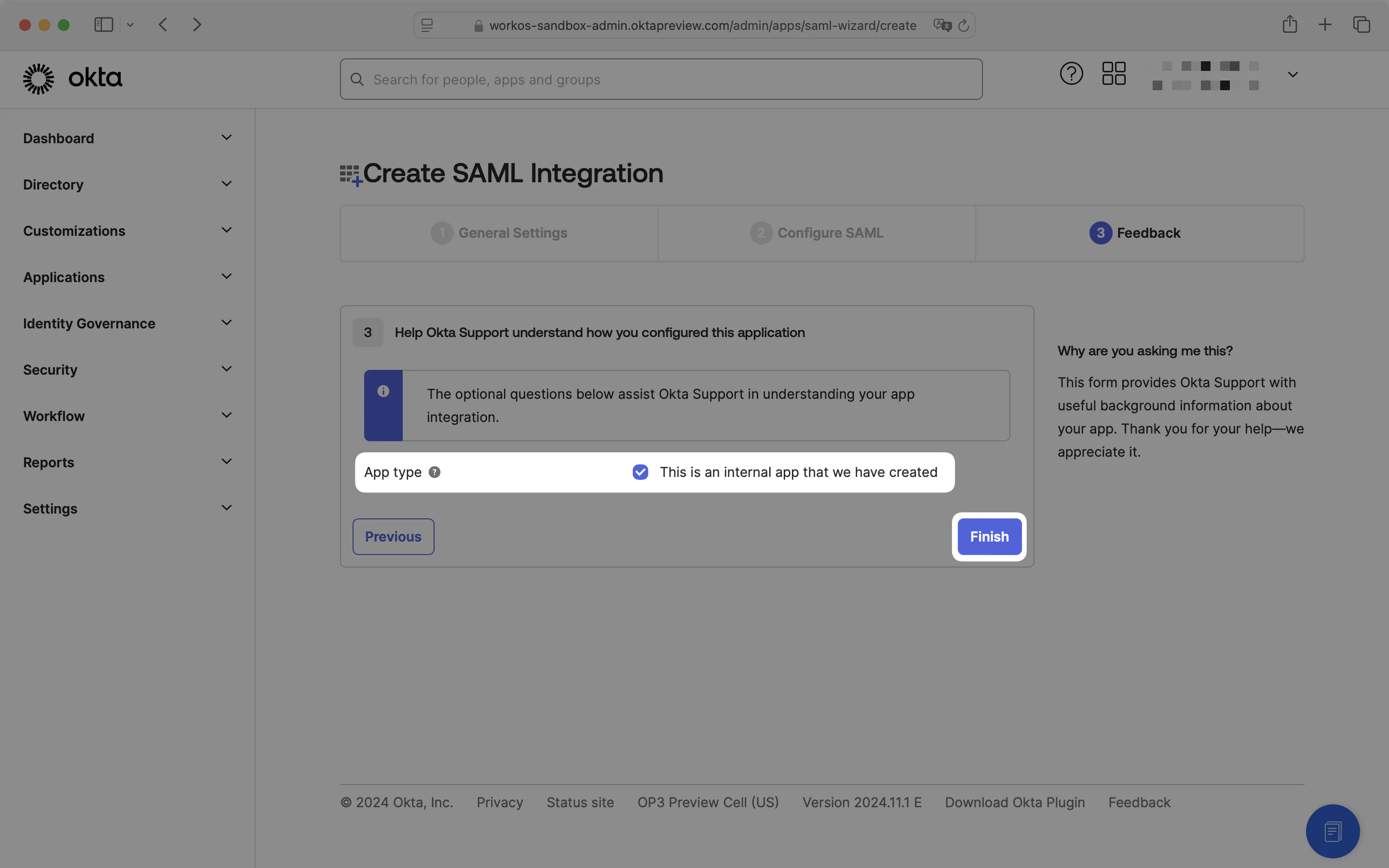 A screenshot showing where to submit application feedback in the Okta Dashboard.