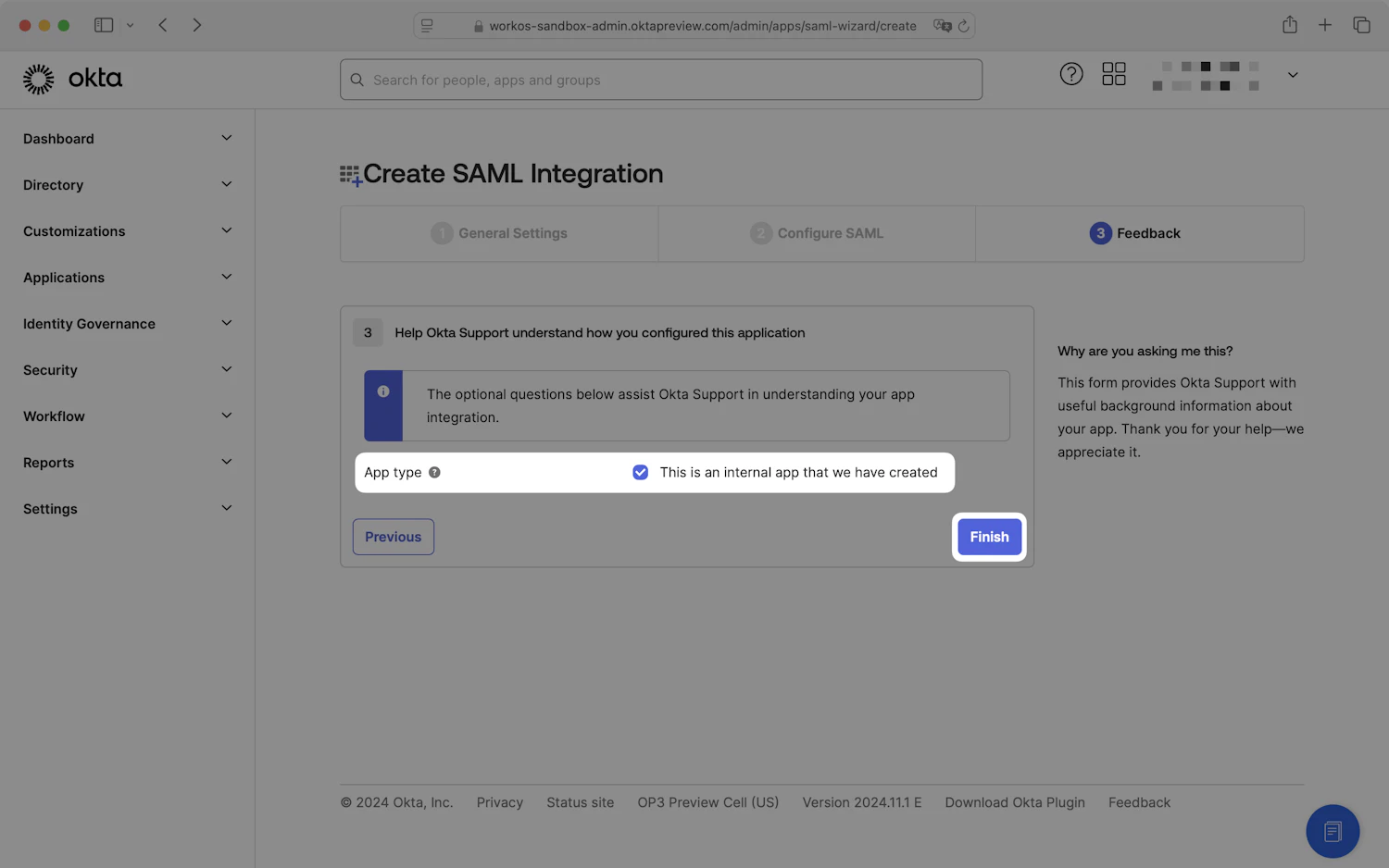 A screenshot showing where to submit application feedback in the Okta Dashboard.