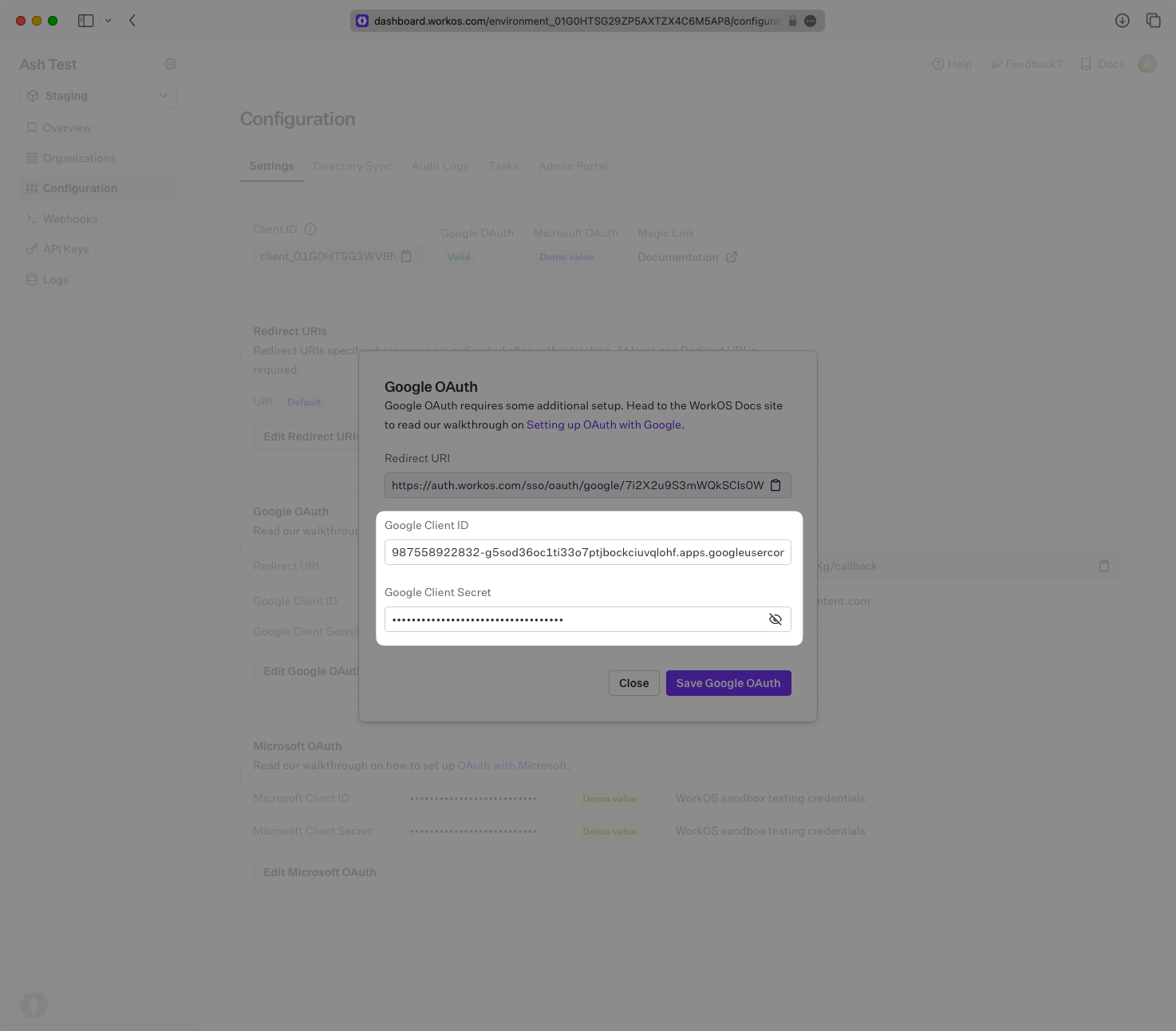 A screenshot showing where to enter the Google Client ID and Google Client Secret in the WorkOS Dashboard.