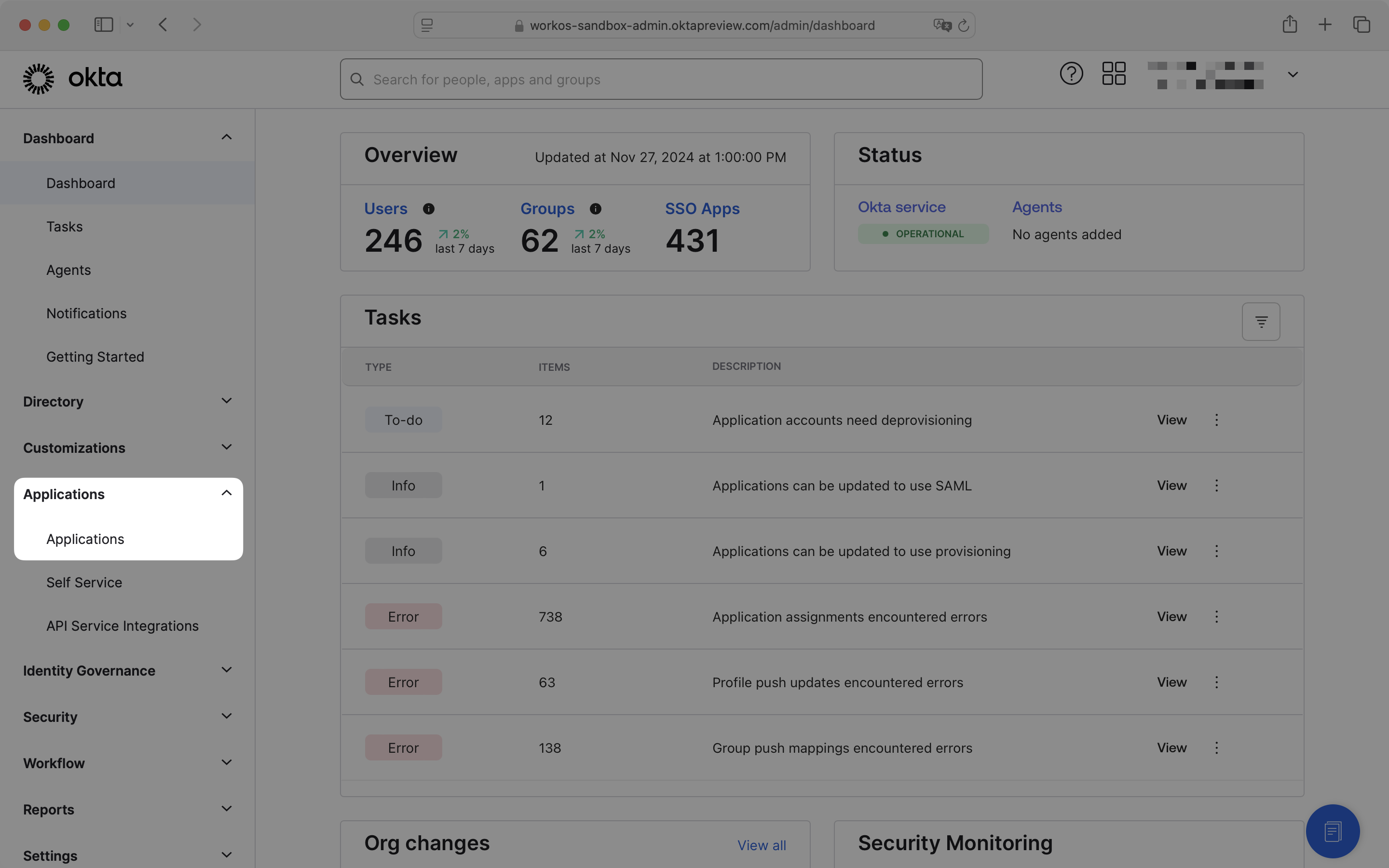 Okta admin console navigation menu with Applications tab highlighted