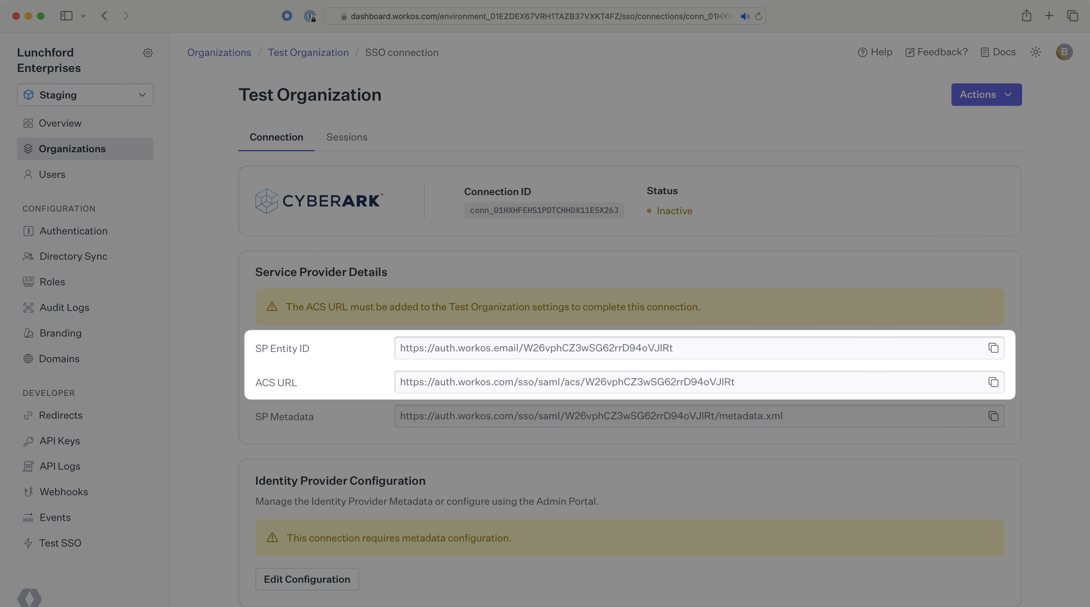 A screenshot showing where to locate the "ACS URL" and "SP Entity ID" in the WorkOS dashboard.