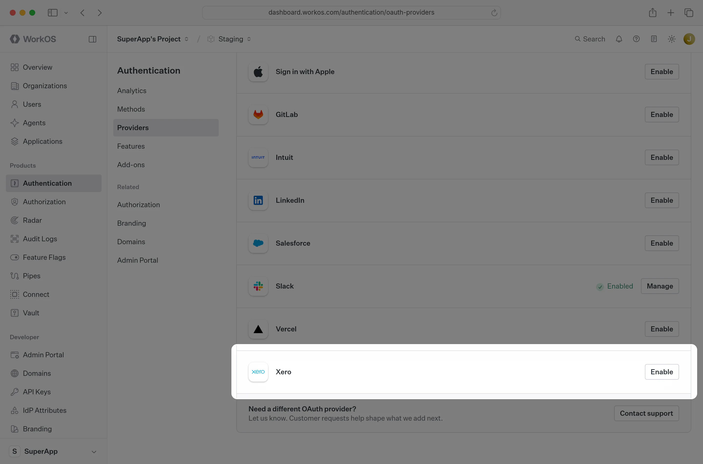 The Xero OAuth section in the WorkOS Dashboard.
