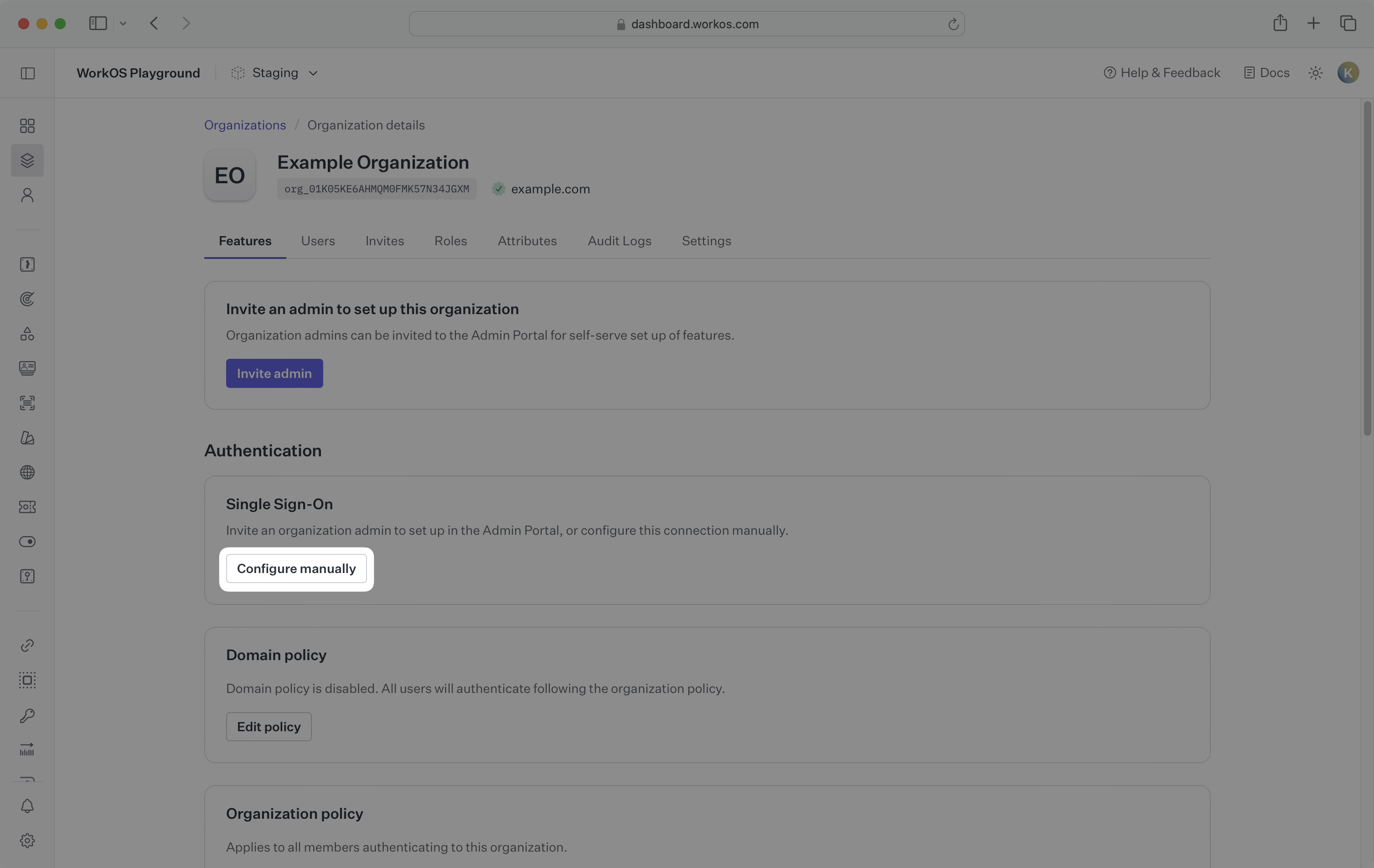 WorkOS Dashboard Organizations tab with "Configure manually" button highlighted