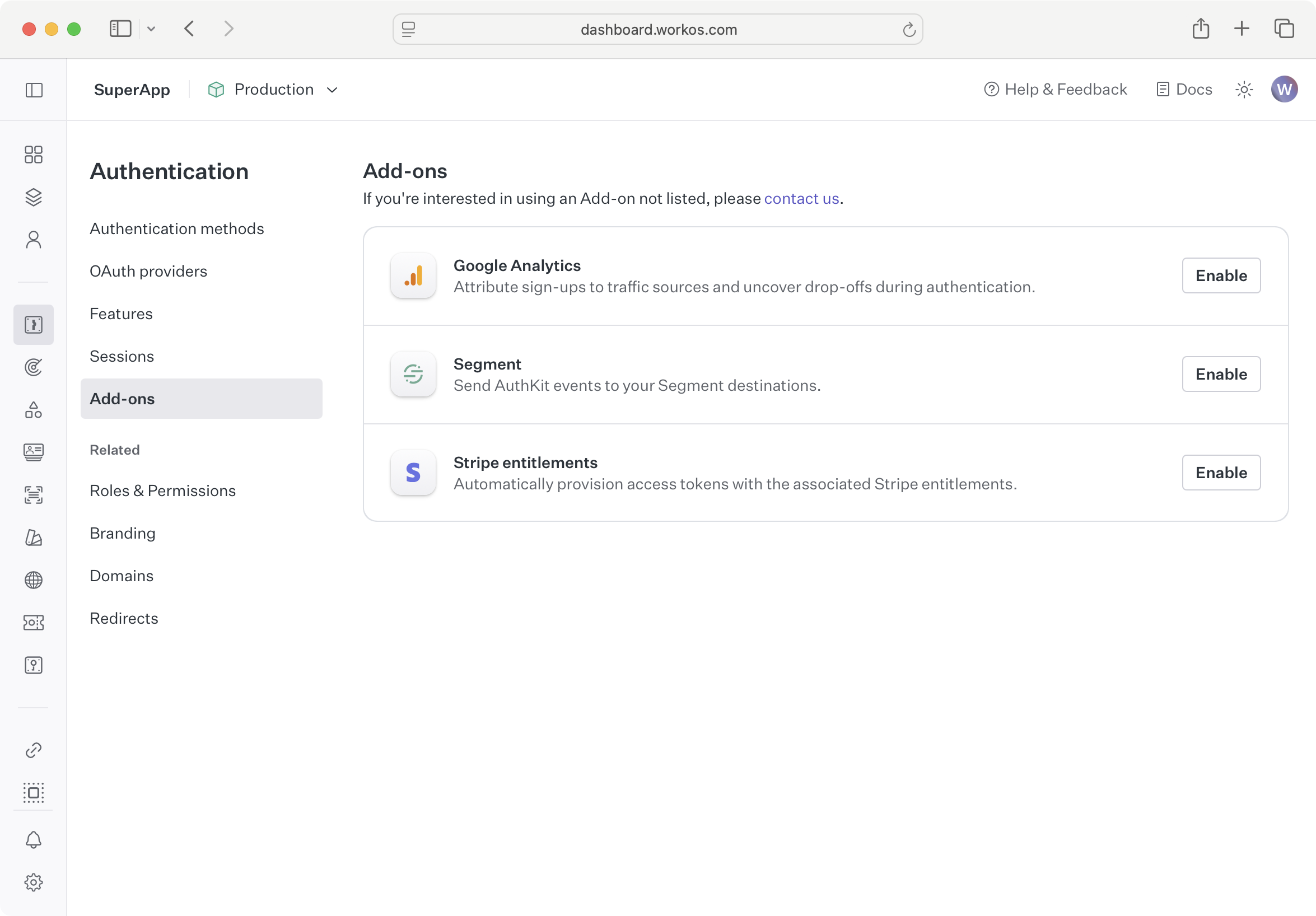 Add-ons page in the Authentication section of the WorkOS Dashboard