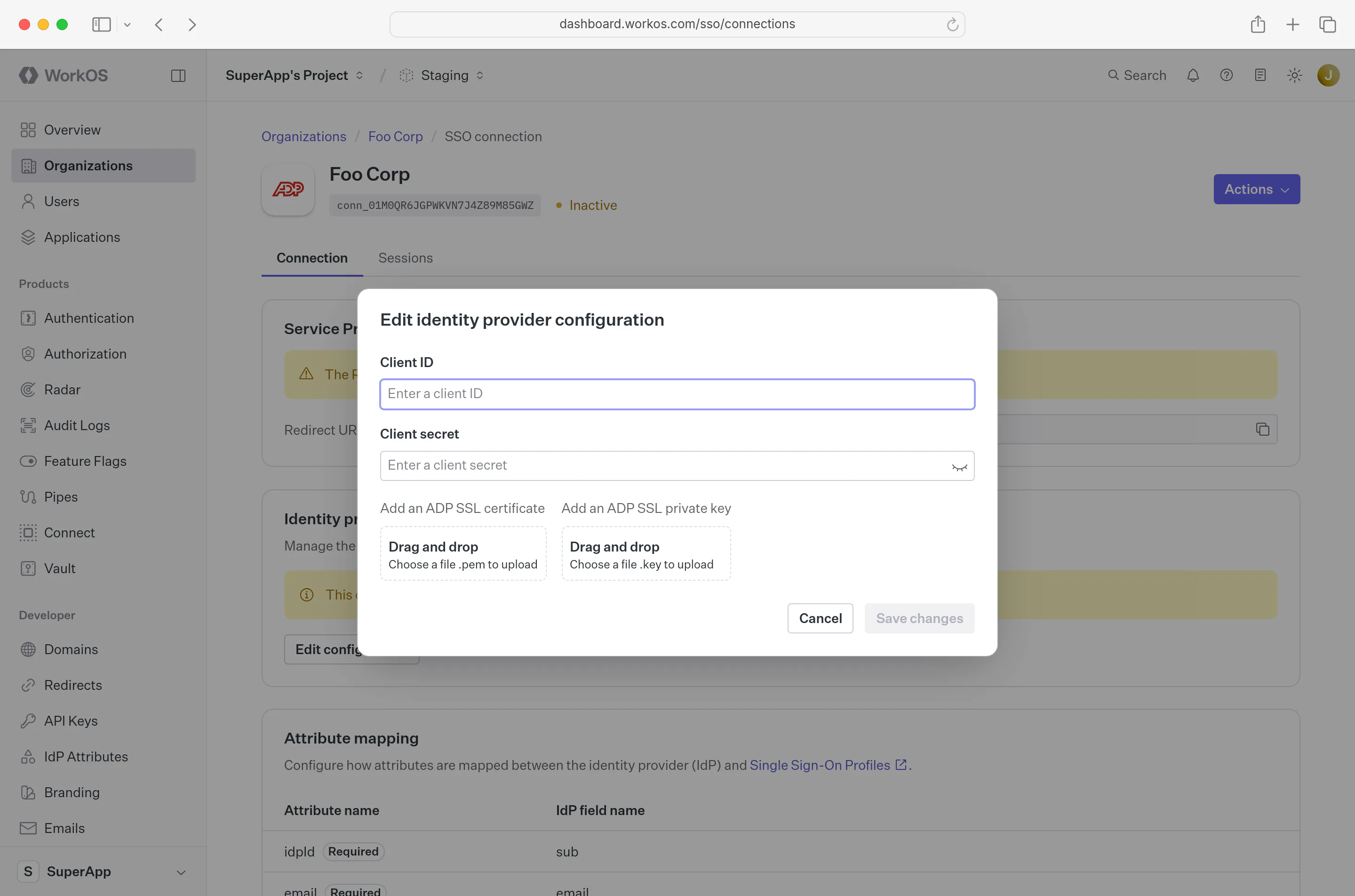 A screenshot showing where to enter the ADP Client Credentials WorkOS Dashboard.