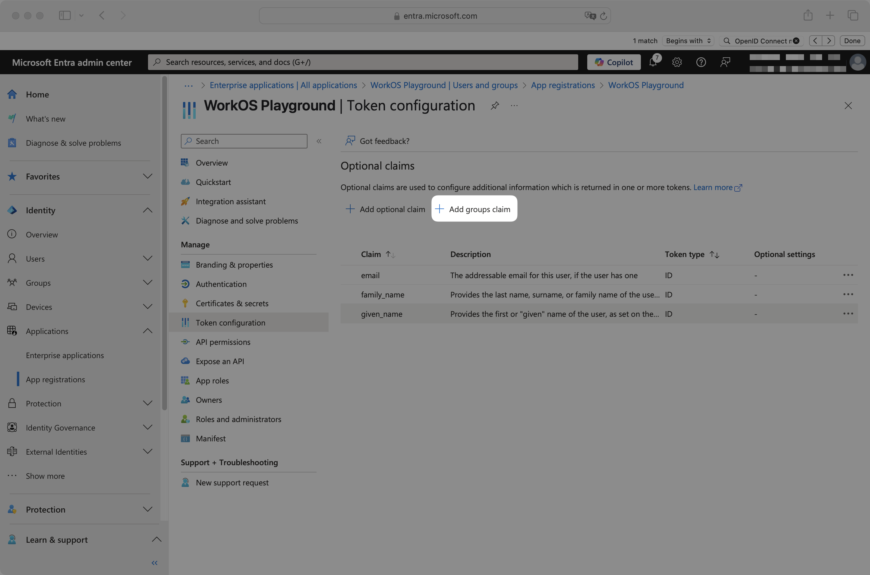 Token configuration page with "Add groups claim" button