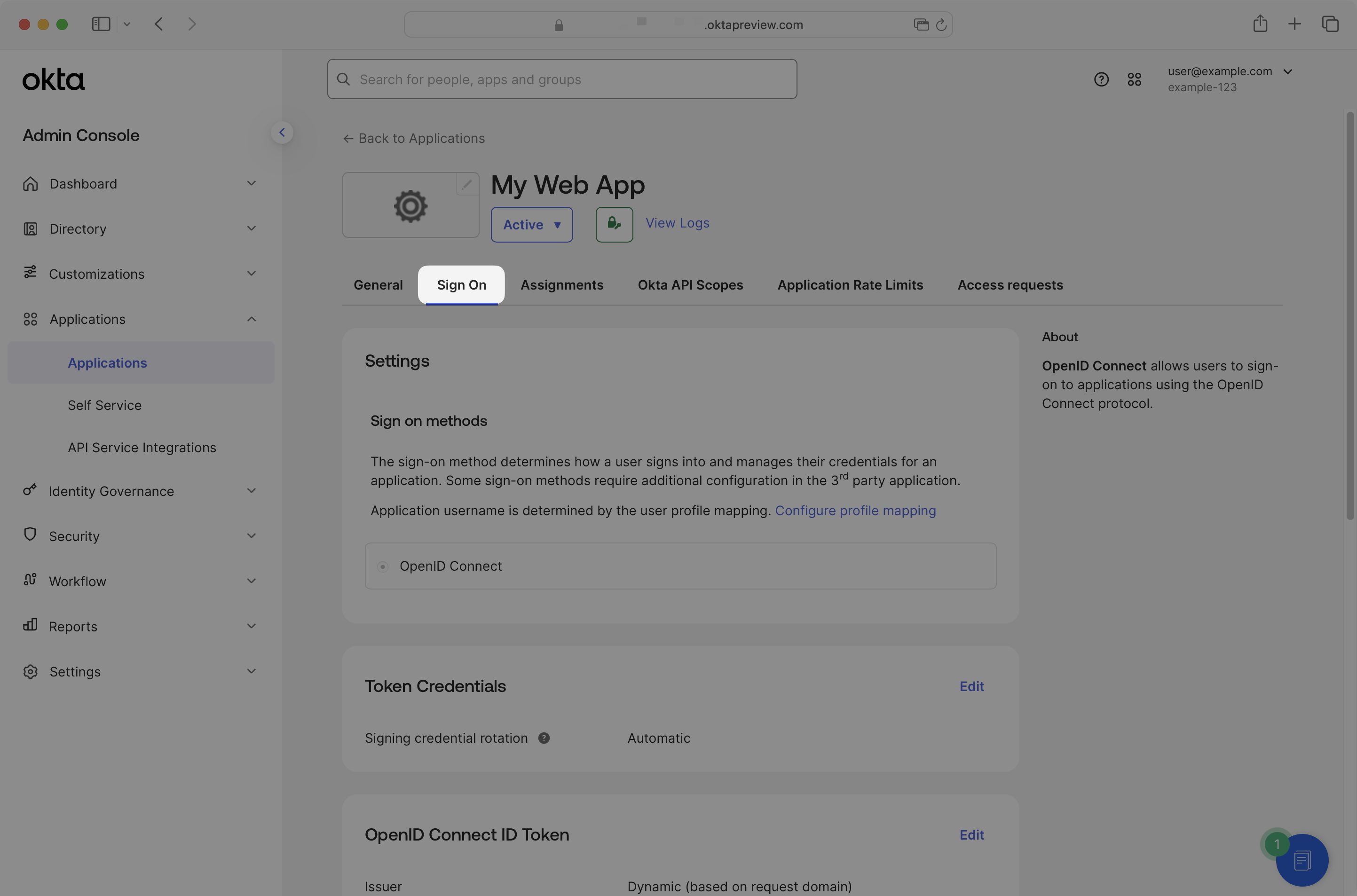 Okta app Sign On tab with Claims section and Edit button
