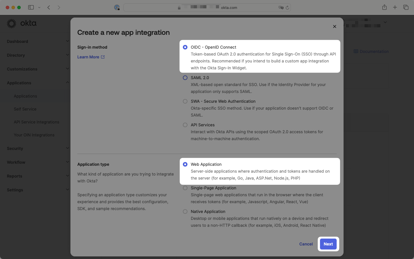 Create app integration dialog with OIDC - OpenID Connect and Web Application selected