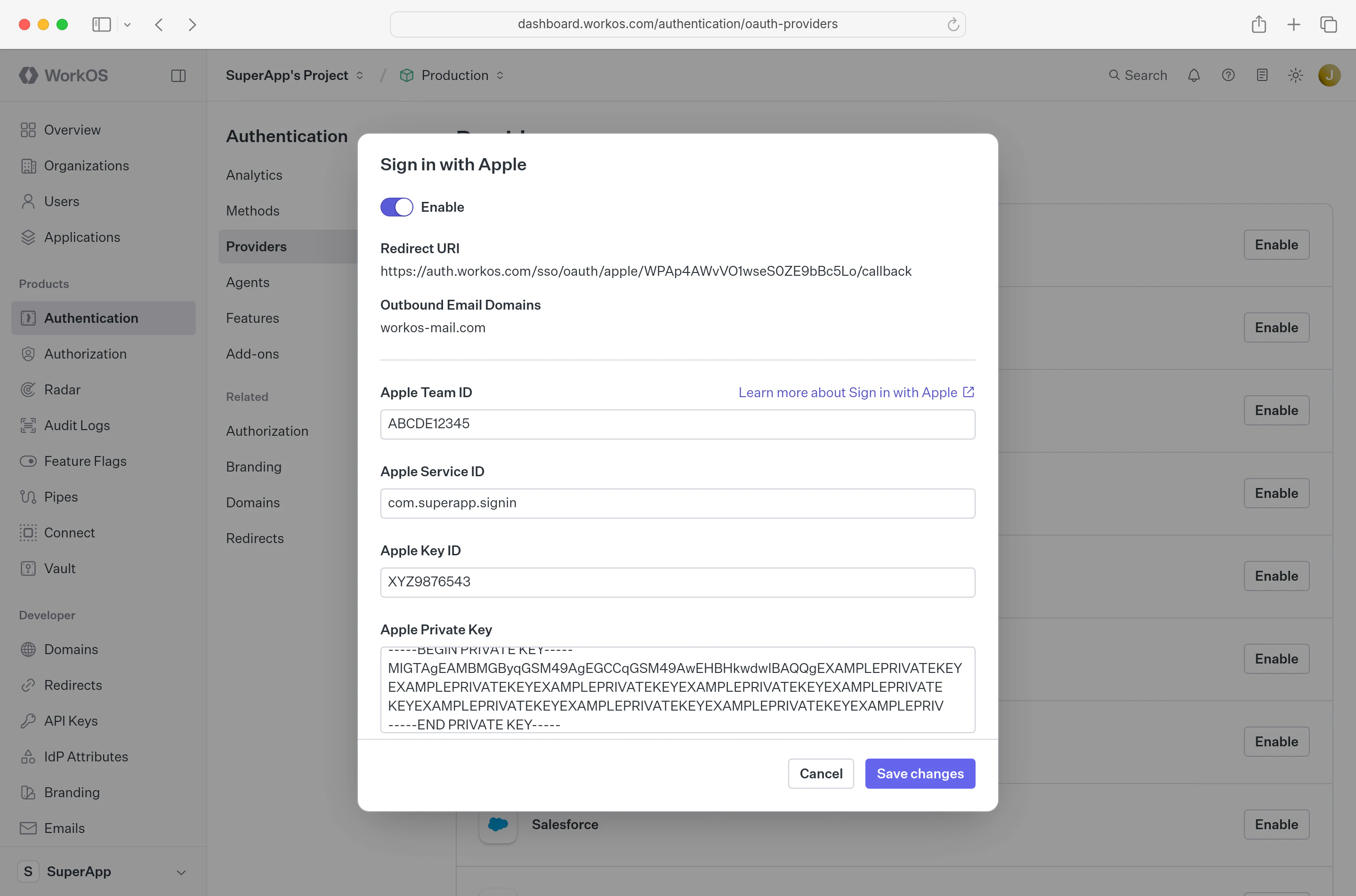 Sign in with Apple configuration modal in the WorkOS dashboard filled out with information from earlier steps.