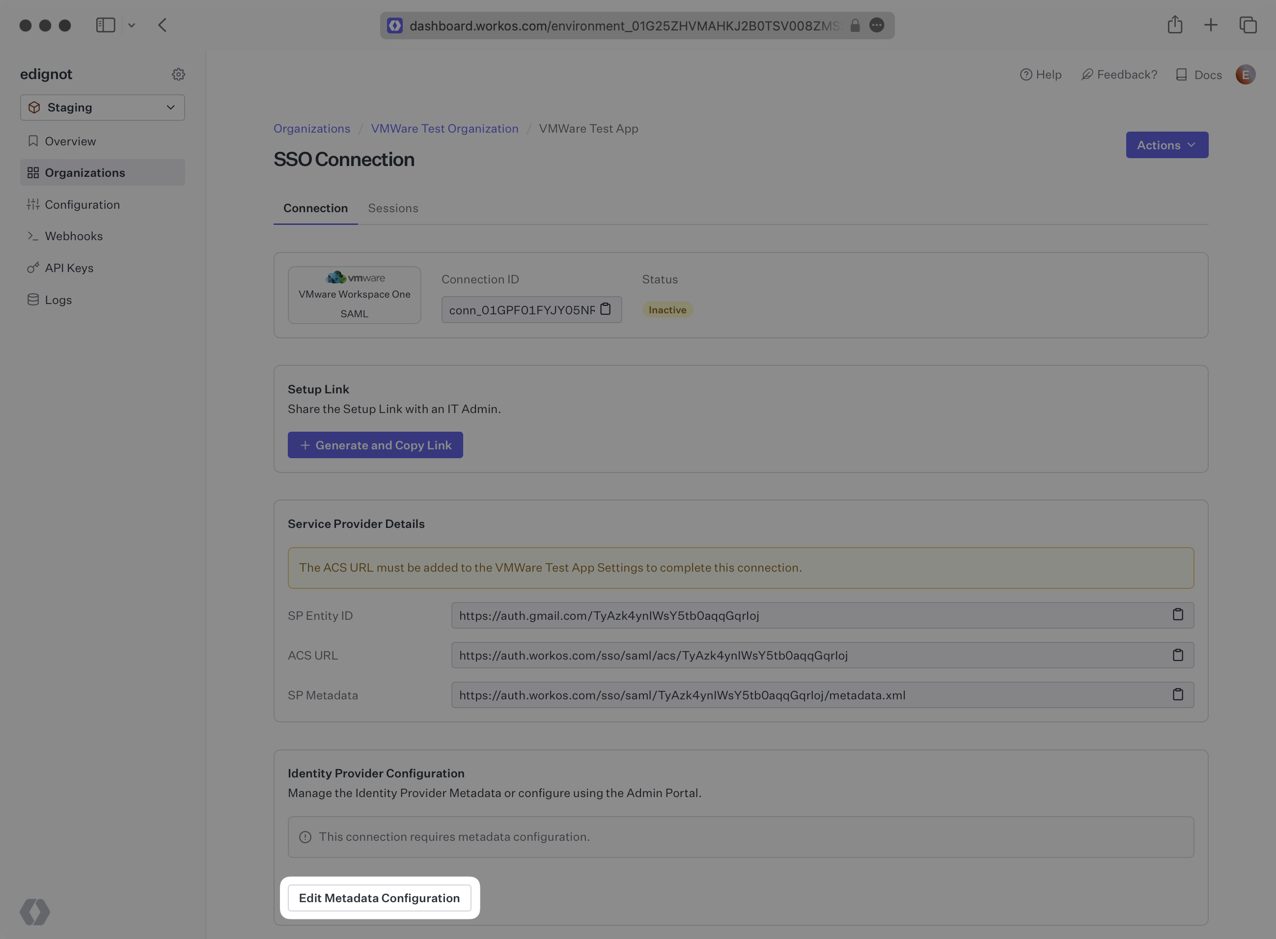 A screenshot showing where to edit the IdP metadata URL in the WorkOS dashboard.