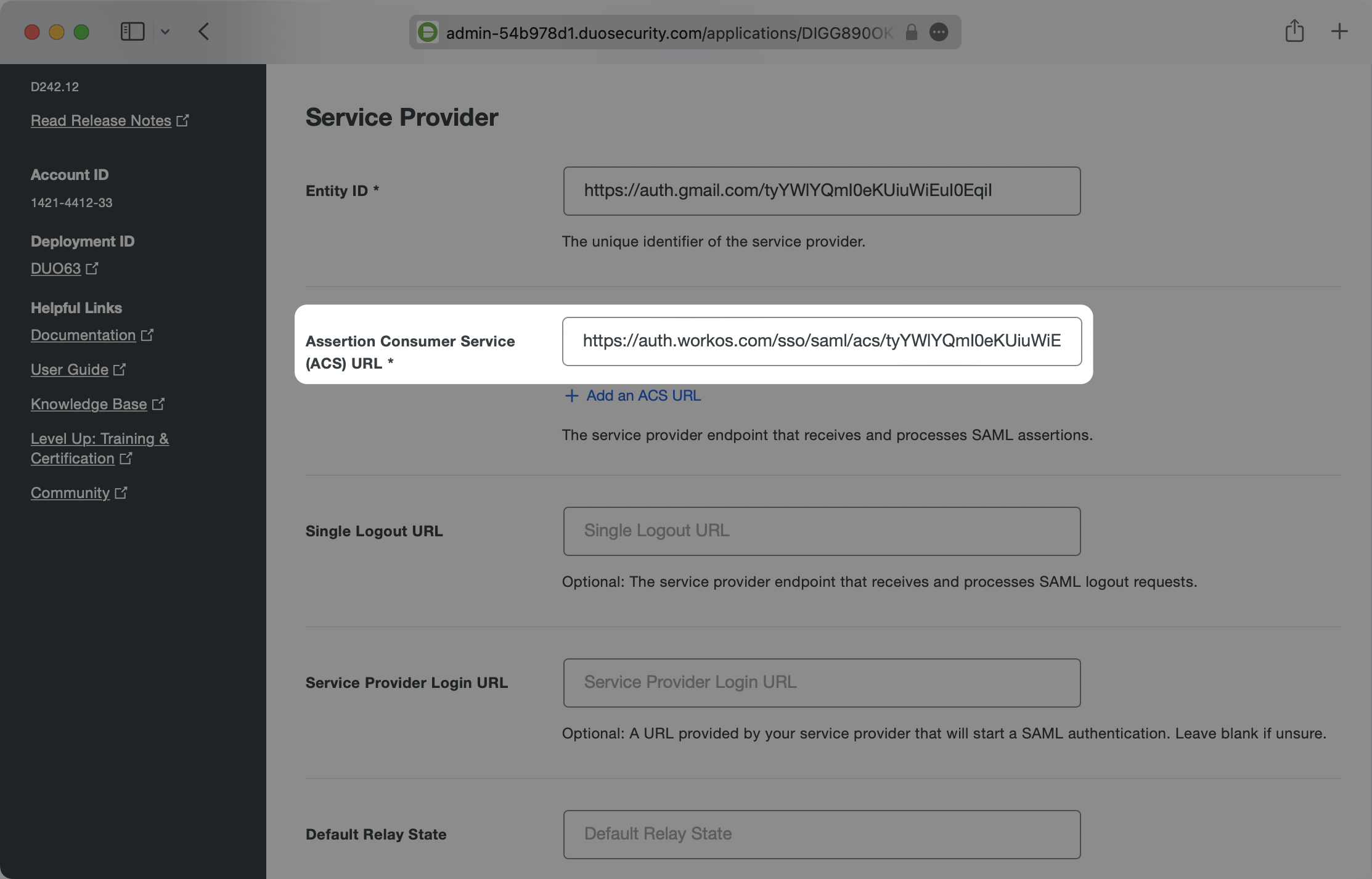 A screenshot showing where to input the ACS URL in Duo settings.