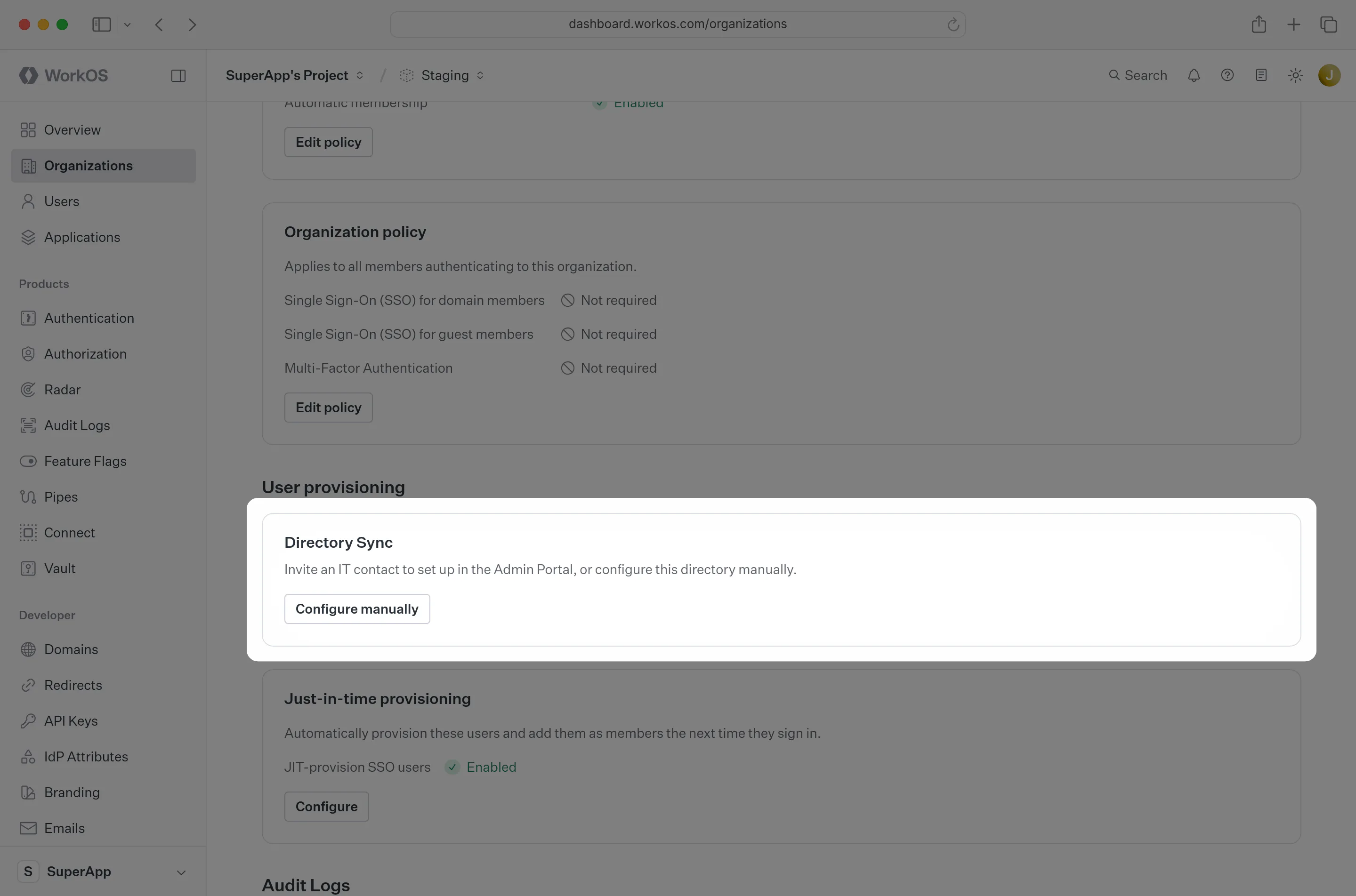 A screenshot highlighting the “Manually Configure Directory” button in the Organization view of the WorkOS Dashboard.