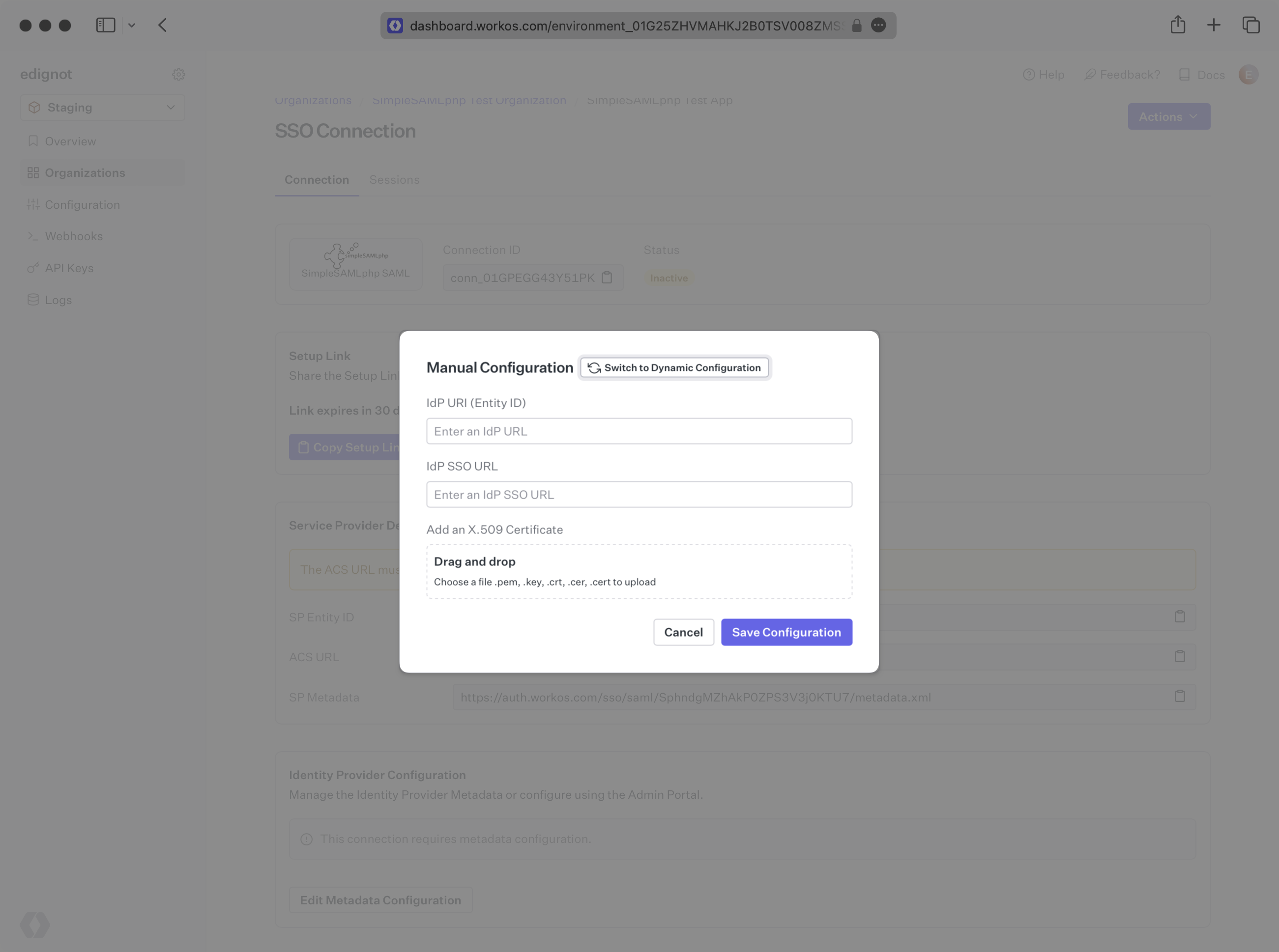 A screenshot showing how to manually configure the IdP metadata in the WorkOS dashboard.