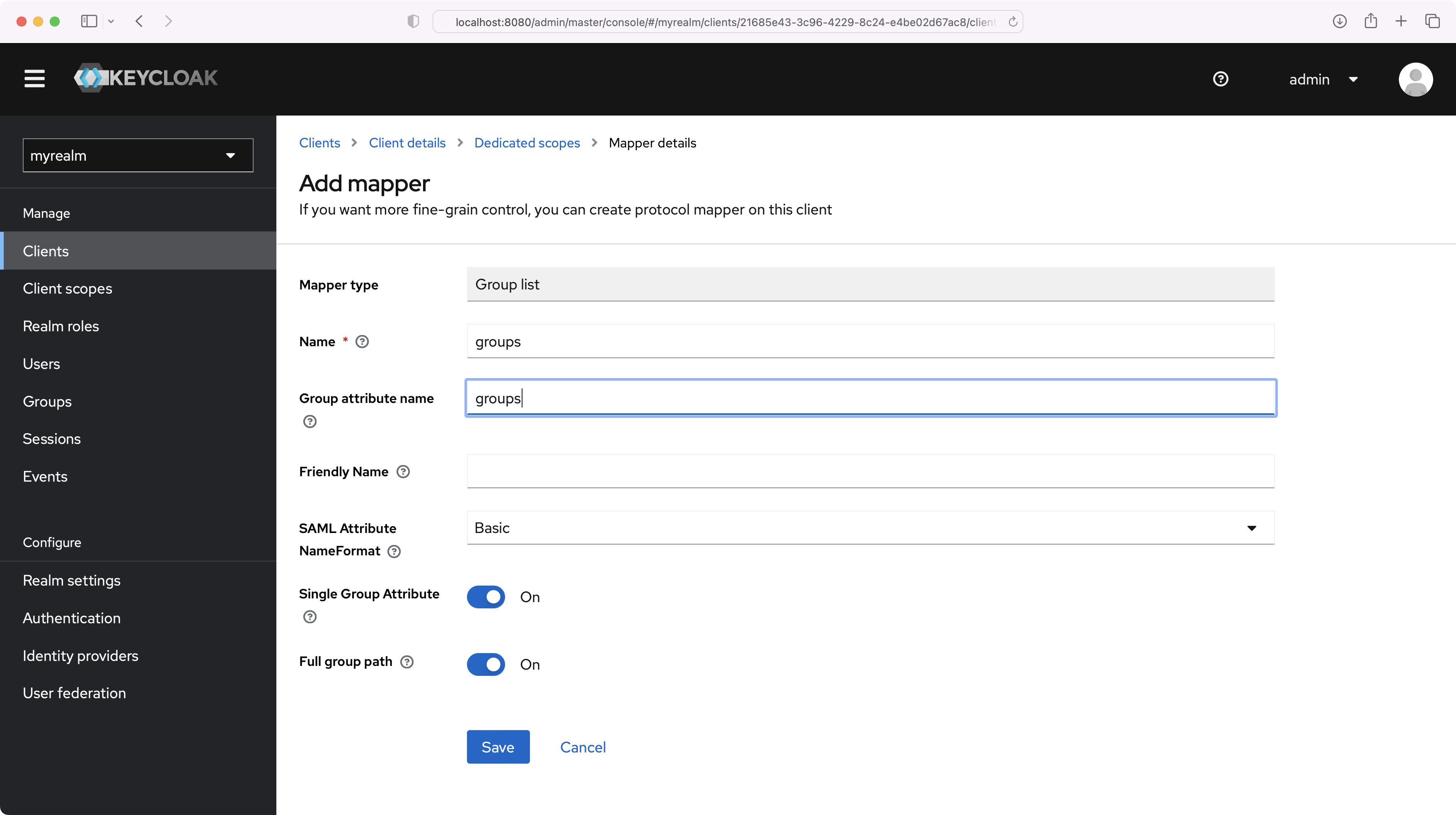 A screenshot showing how to configure the groups attribute mapper.