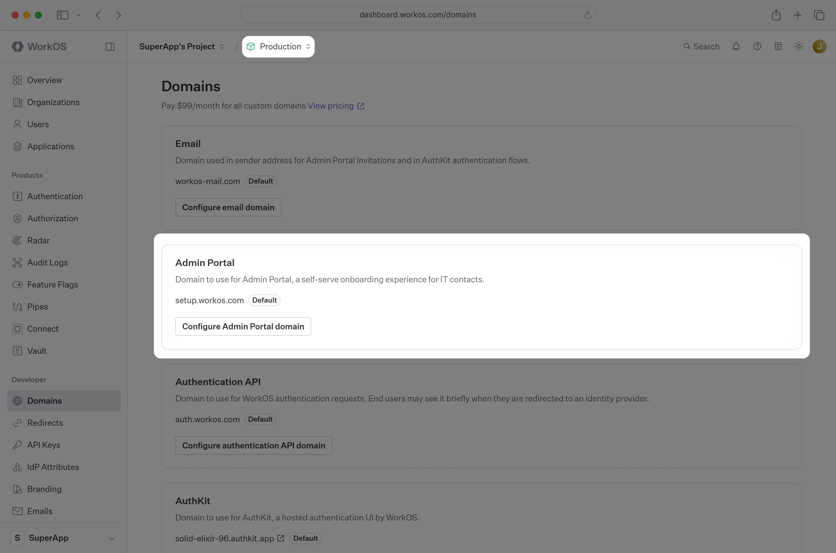 A screenshot showing the WorkOS Dashboard branding settings page highlighting the custom domains section