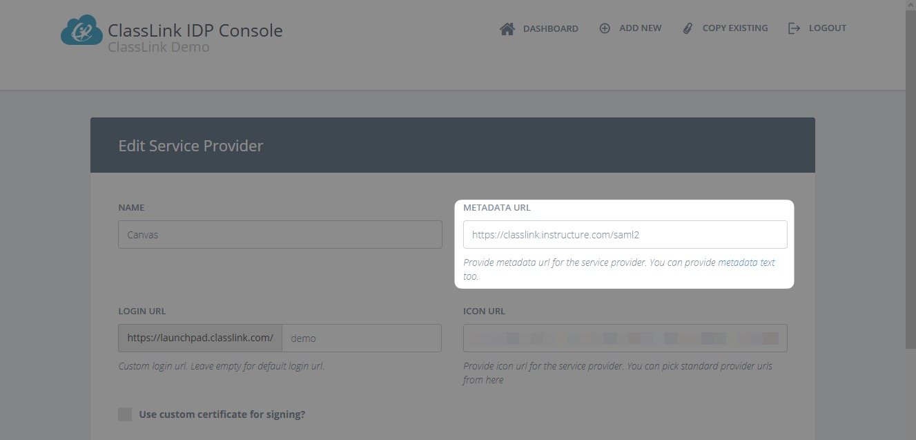 A screenshot showing where to enter the SP Metadata URL in the ClassLink application settings.